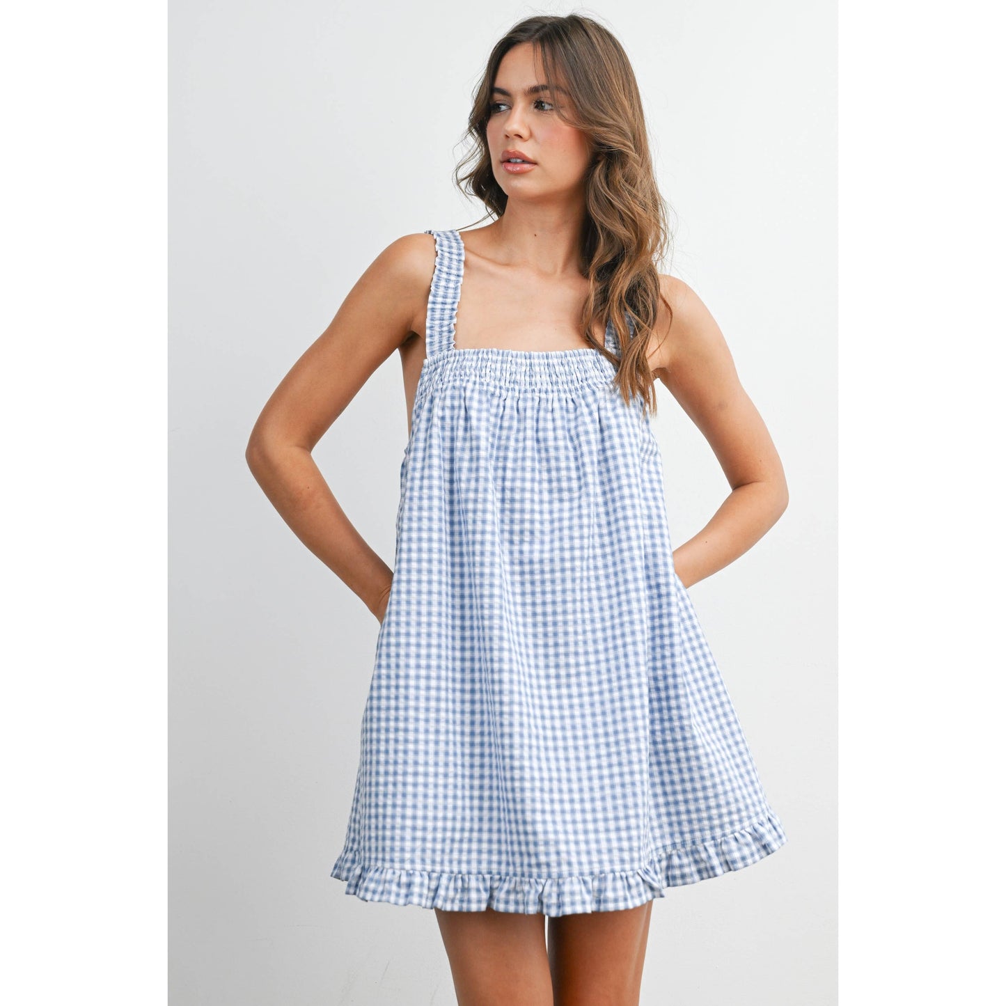 Back-Tie Smocked Ruffle Gingham Dress: BLUE / IVORY