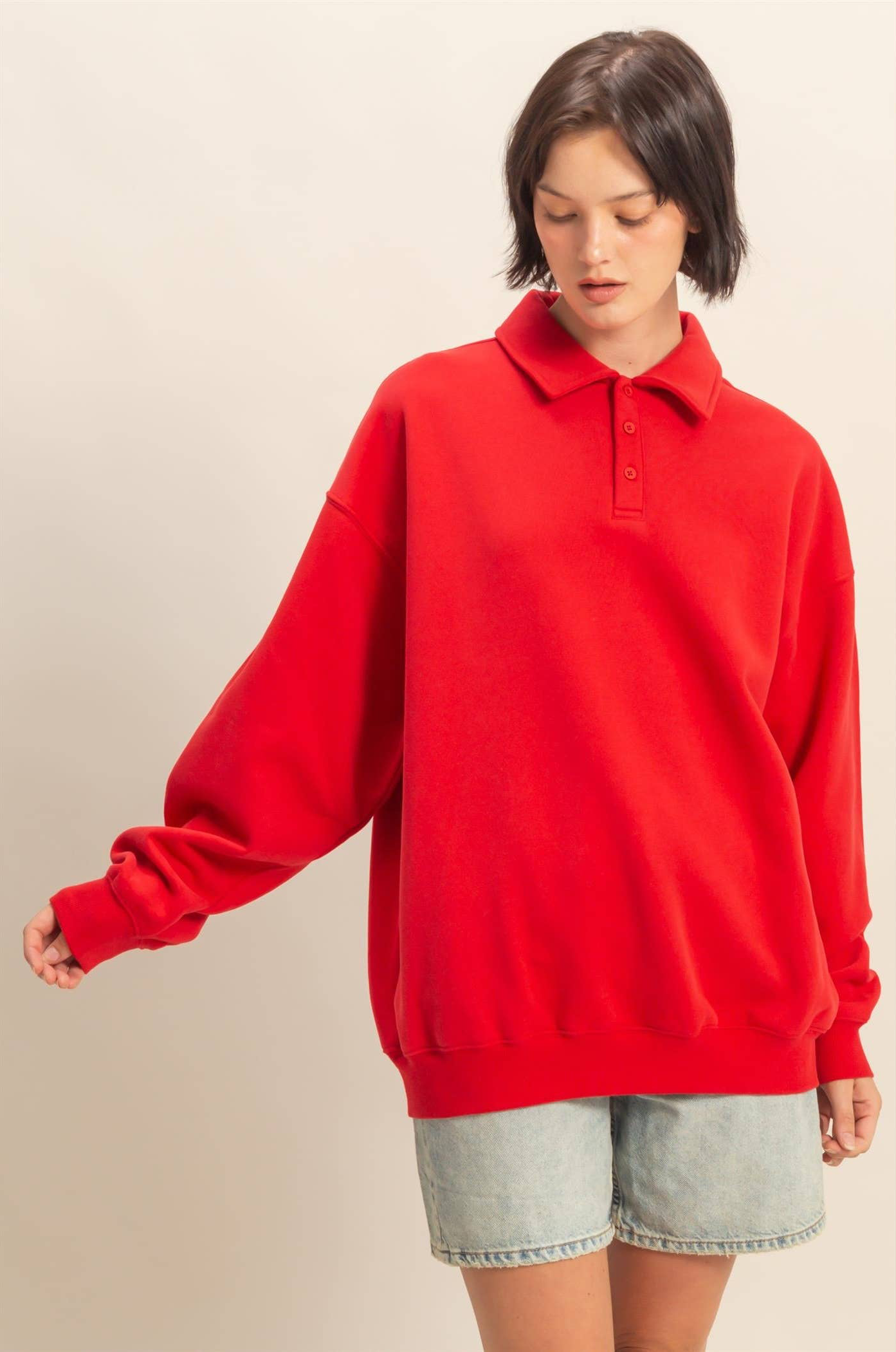 Oversized Polo Collared Pullover: RED