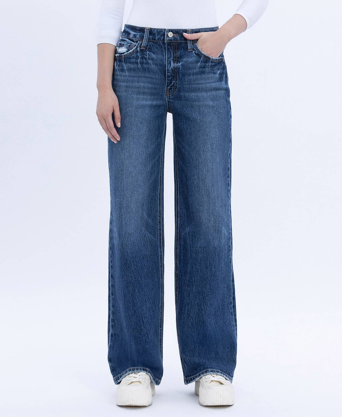 90'S SUPER HIGH RISE DARK WASH WIDE JEANS T6242DK: DARK WASH