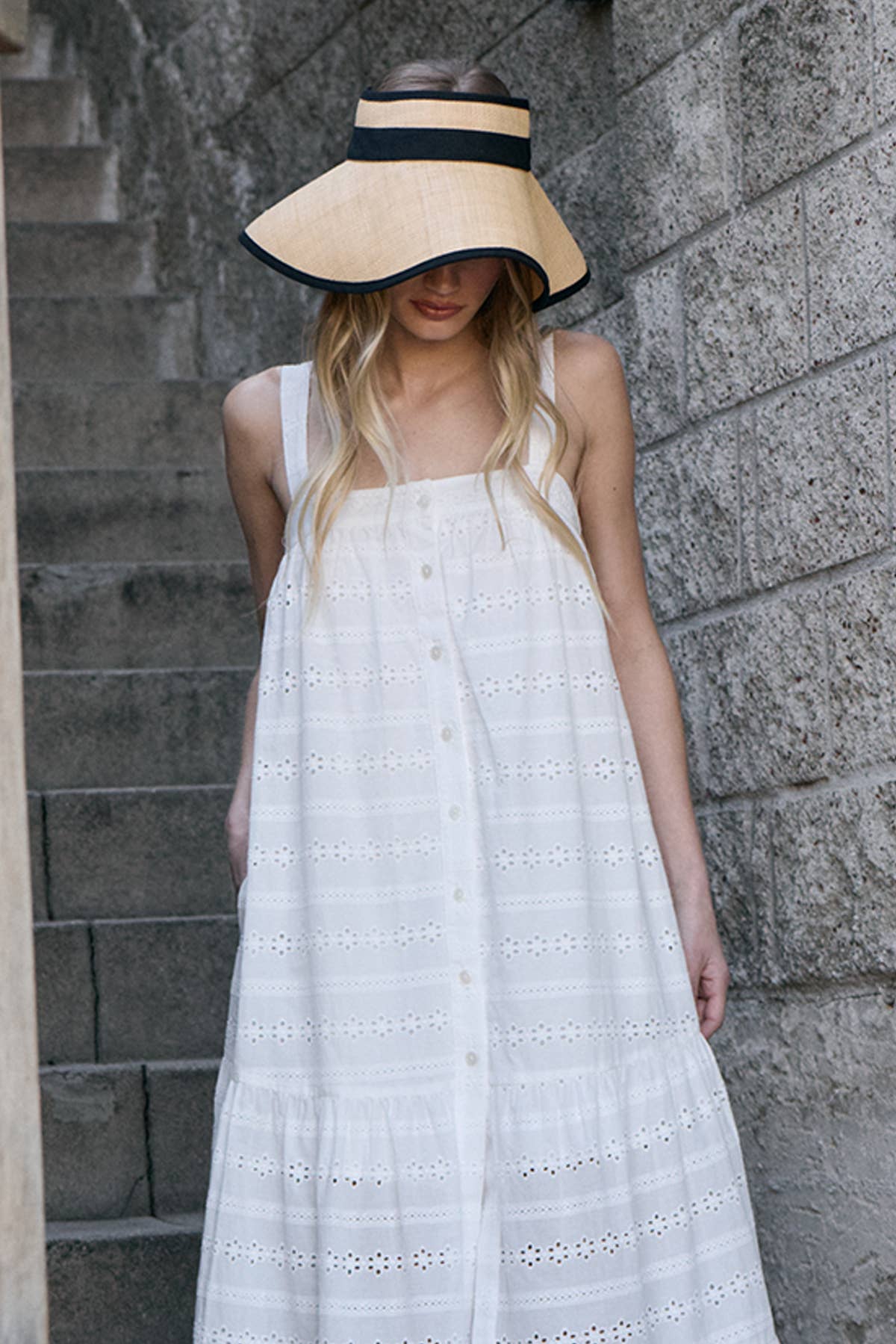 Eyelet Tiered Button Front Maxi Dress: WHITE