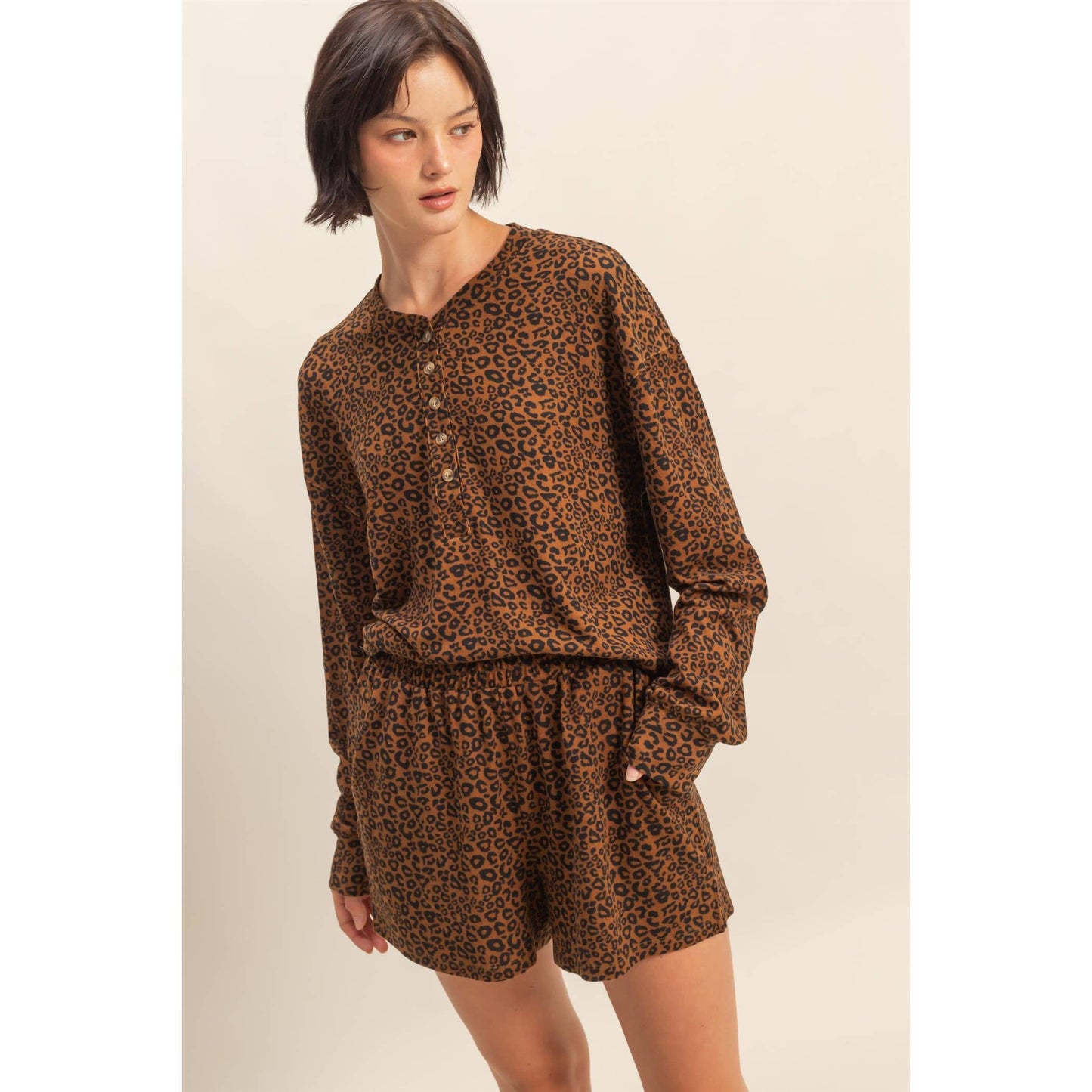 Leopard Print Henley Top & Shorts Set: BROWN