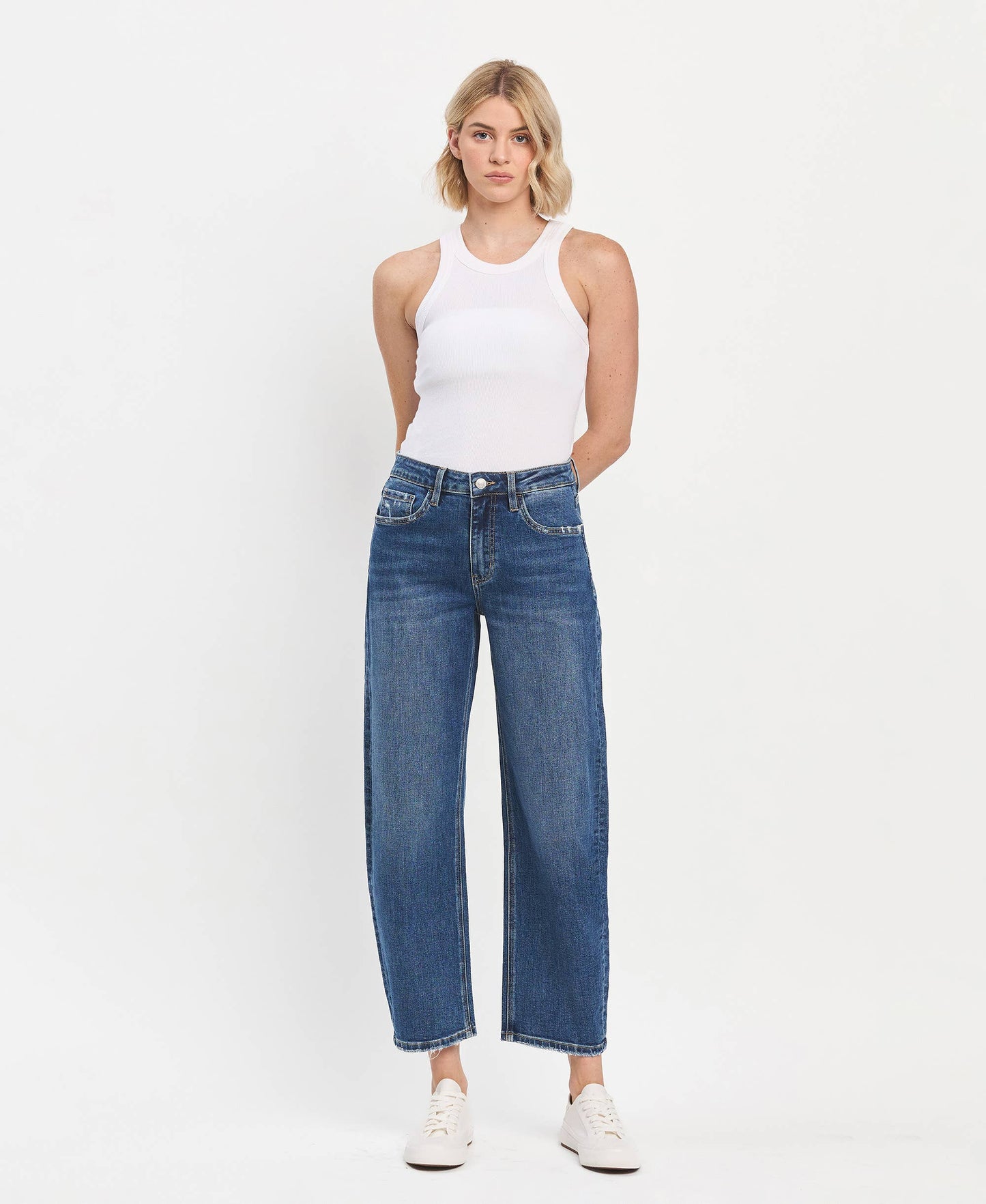 HIGH RISE MEDIUM DARK WASH ANKLE BARREL JEANS