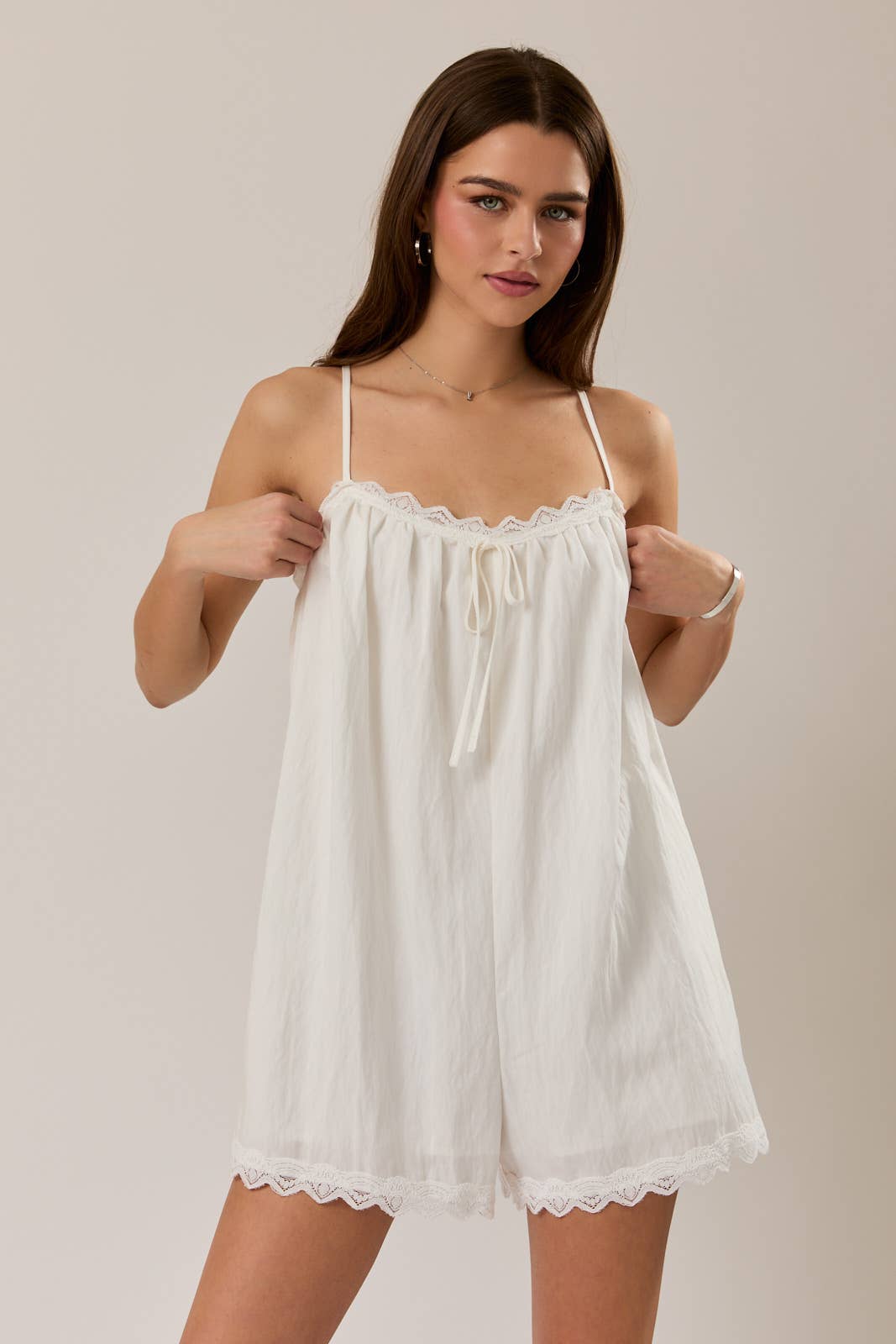 LACE TRIM ROMPER: White