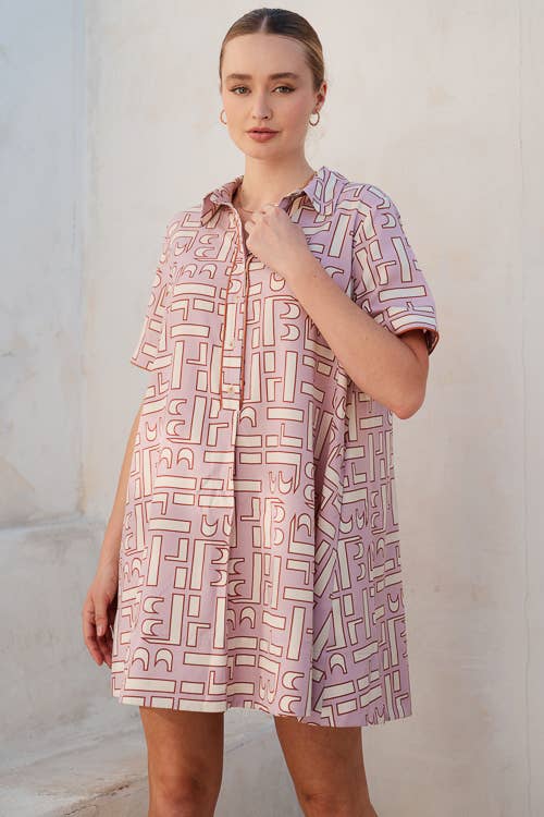 ABSTRACT PATTERN MINI SHIRT DRESS: Mauve