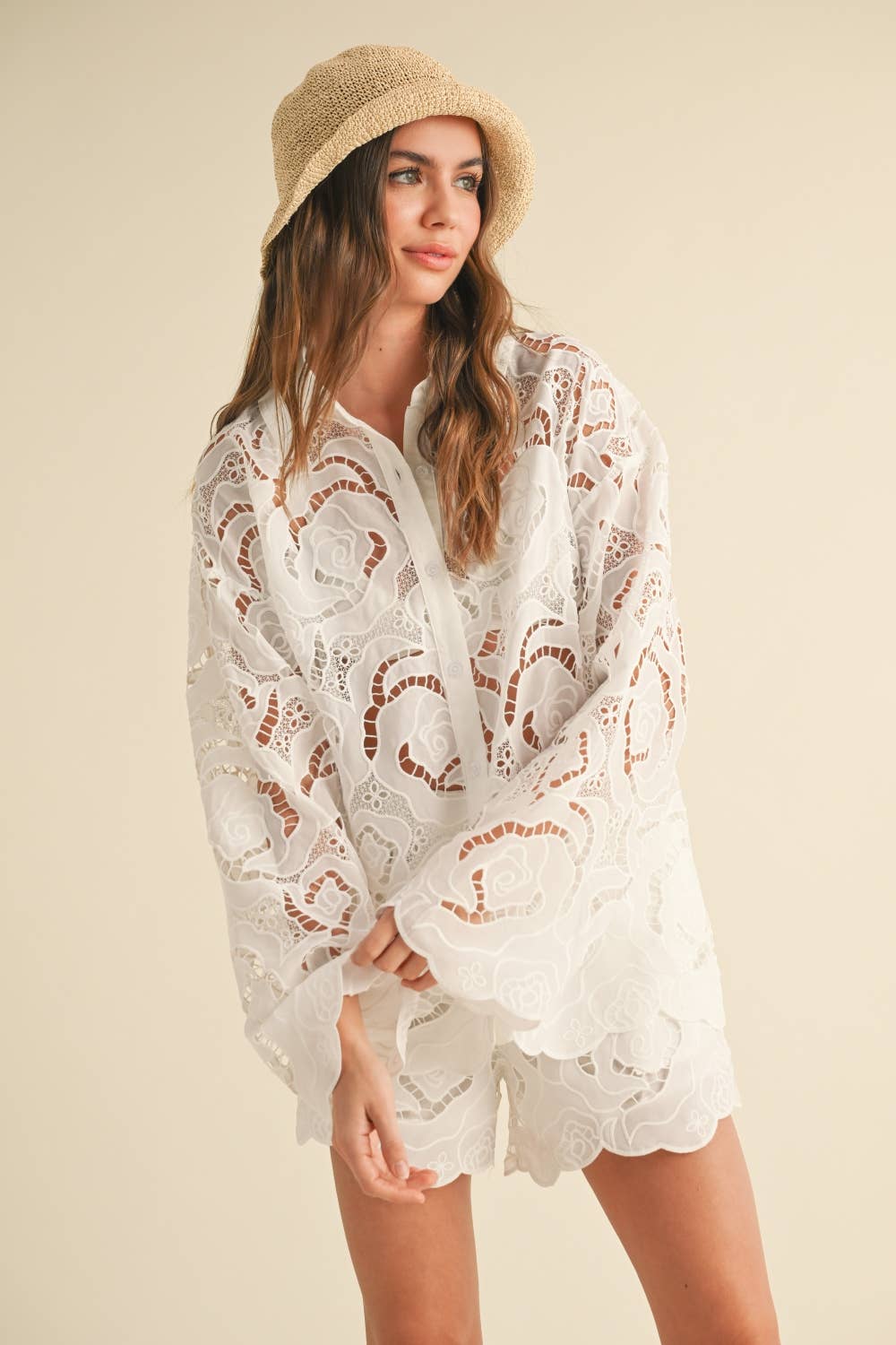FLORAL EYELET PATTERN SHIRTS: WHITE