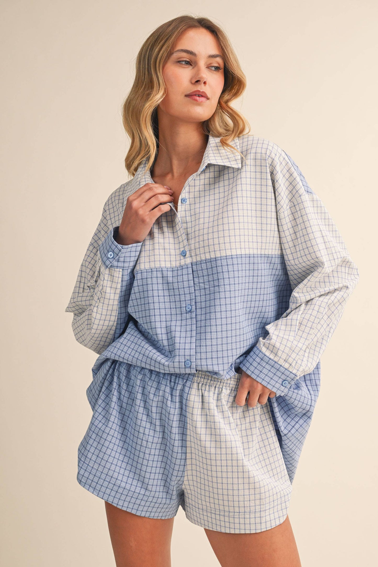 Long Sleeve Button Down Shirt and Short Set: Blue Multi