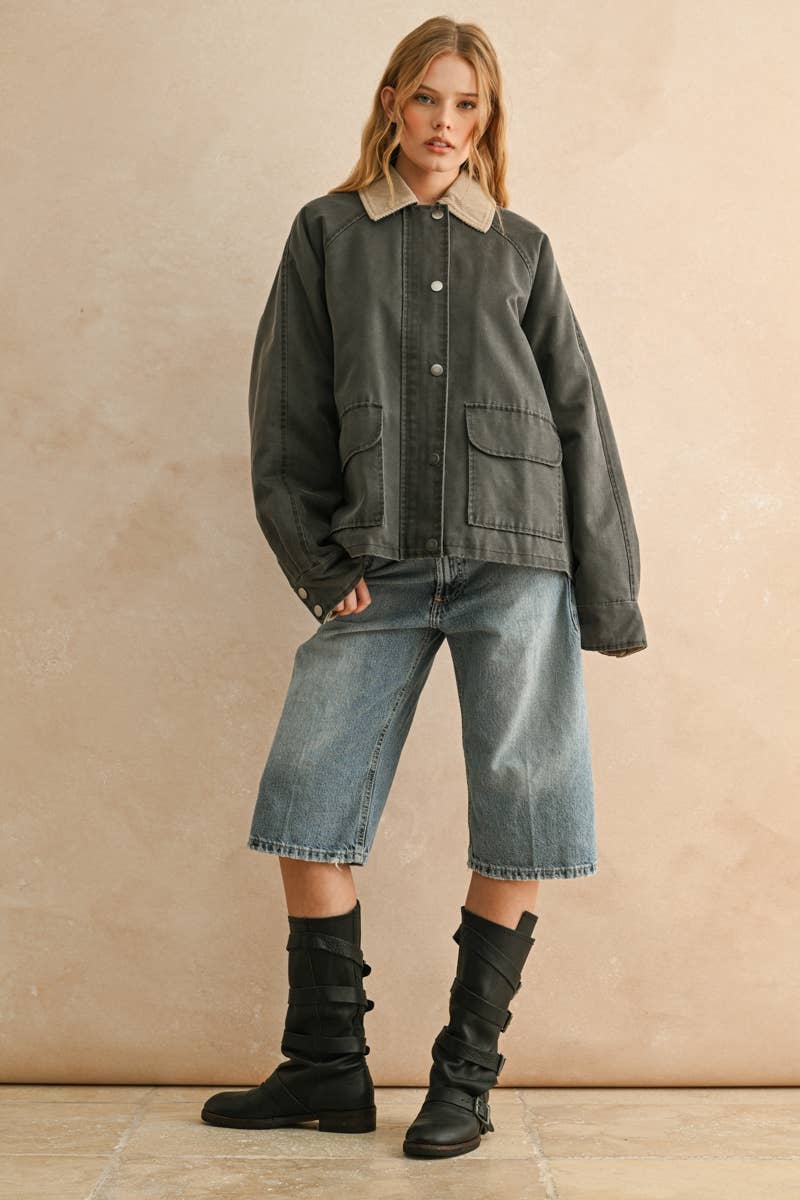 COLLAR UTILITY COAT JACKET : CHARCOAL