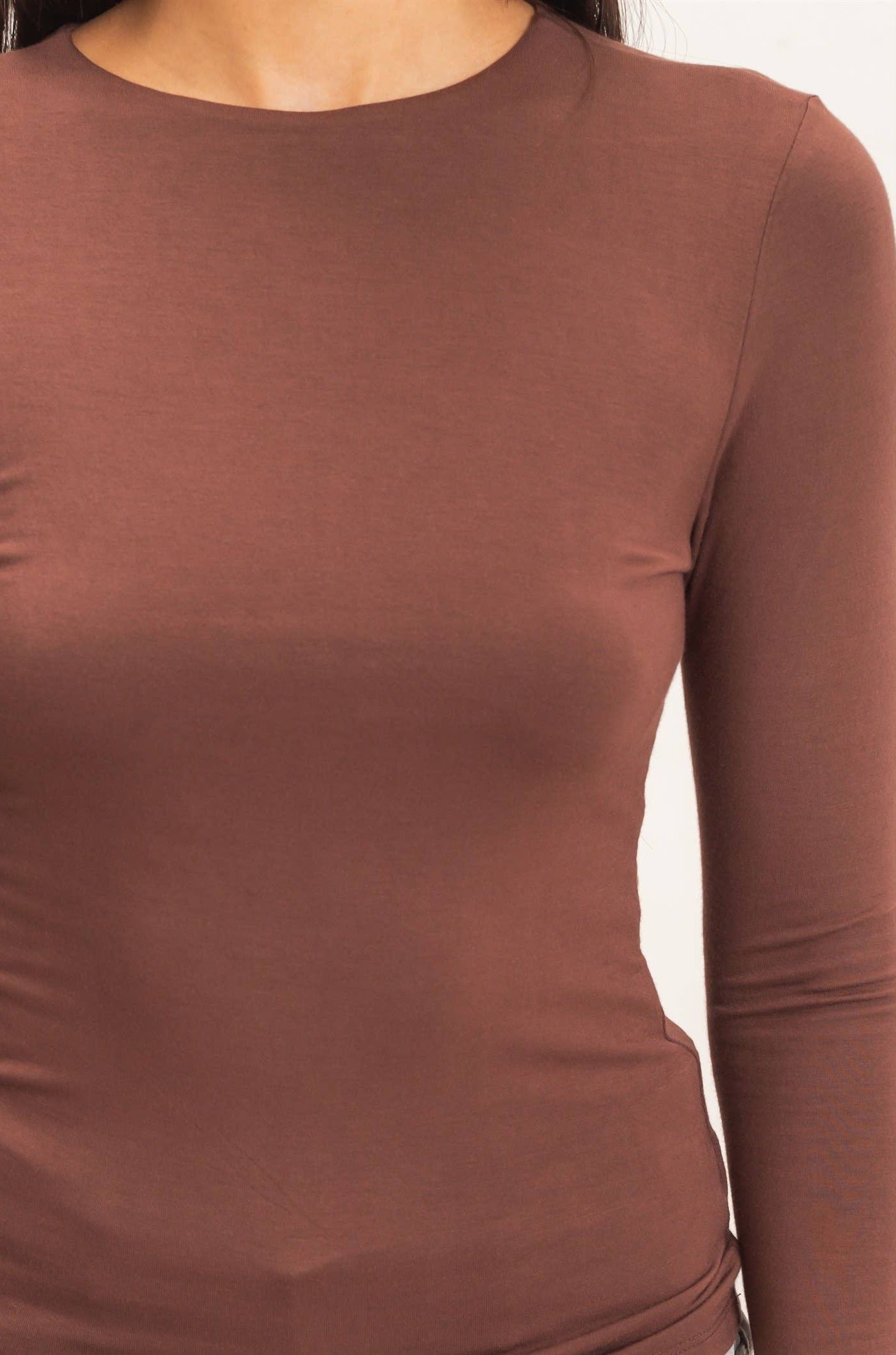 Crew Neck Long Sleeve Top: DARK BROWN