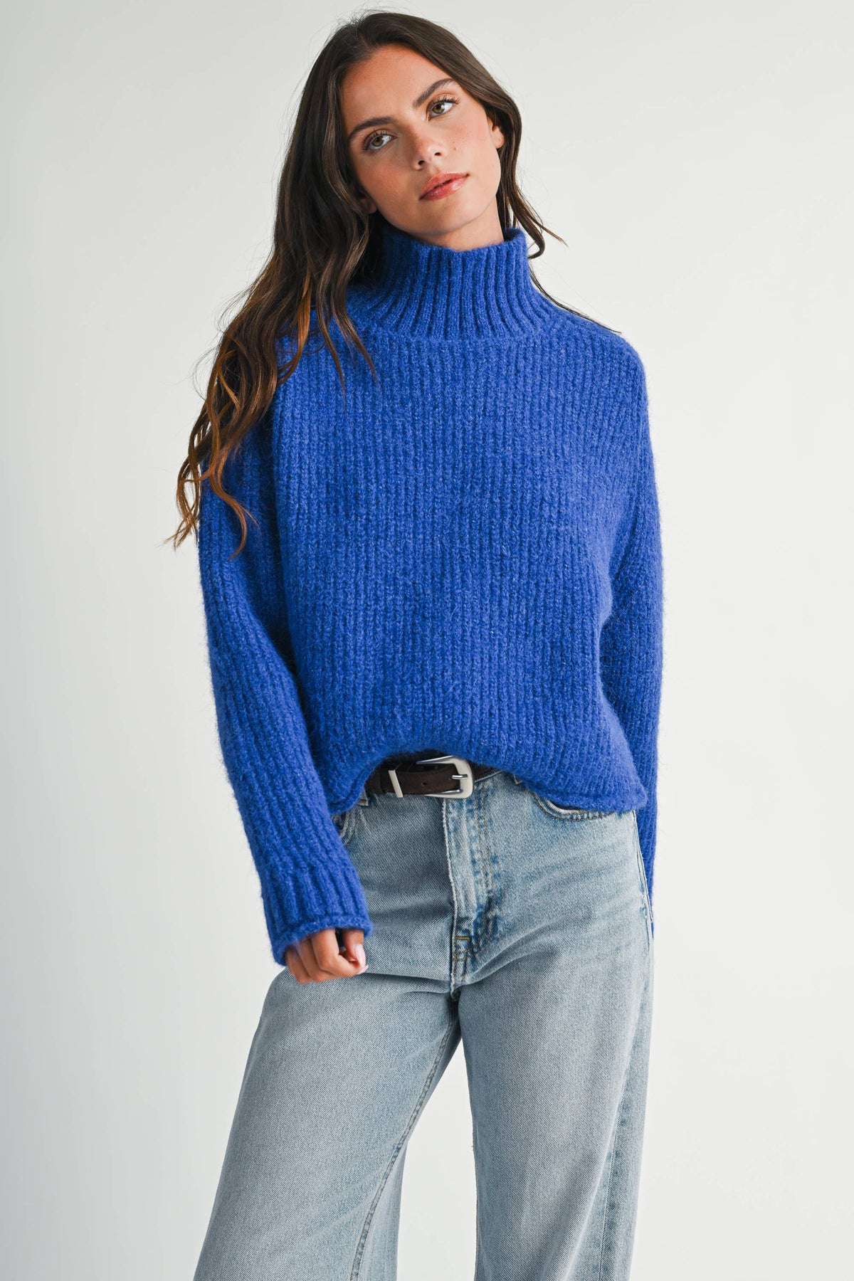 Soft Brushed Mock Neck Sweater: Cobalt