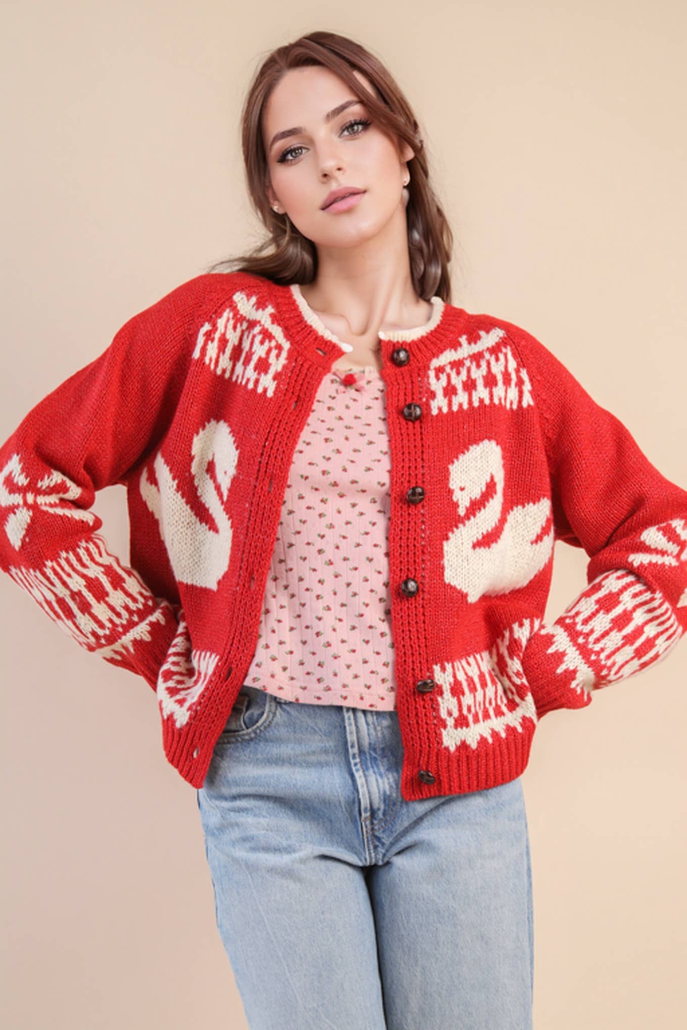 Goose Knit Sweater Cardigan: RED