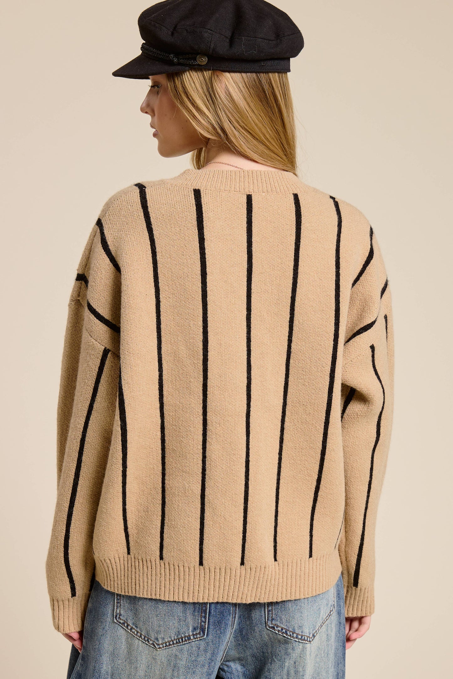 Striped Heavy Knit Cardigan: Taupe