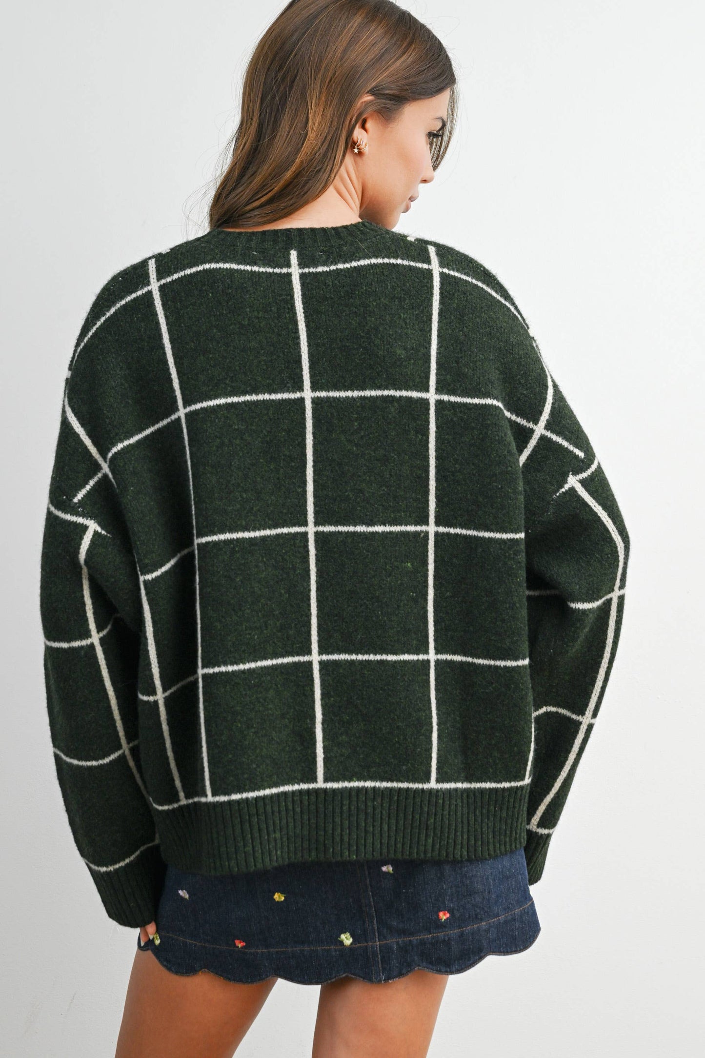 Checkered Crew Neck Knit Sweater : OLIVE MULTI