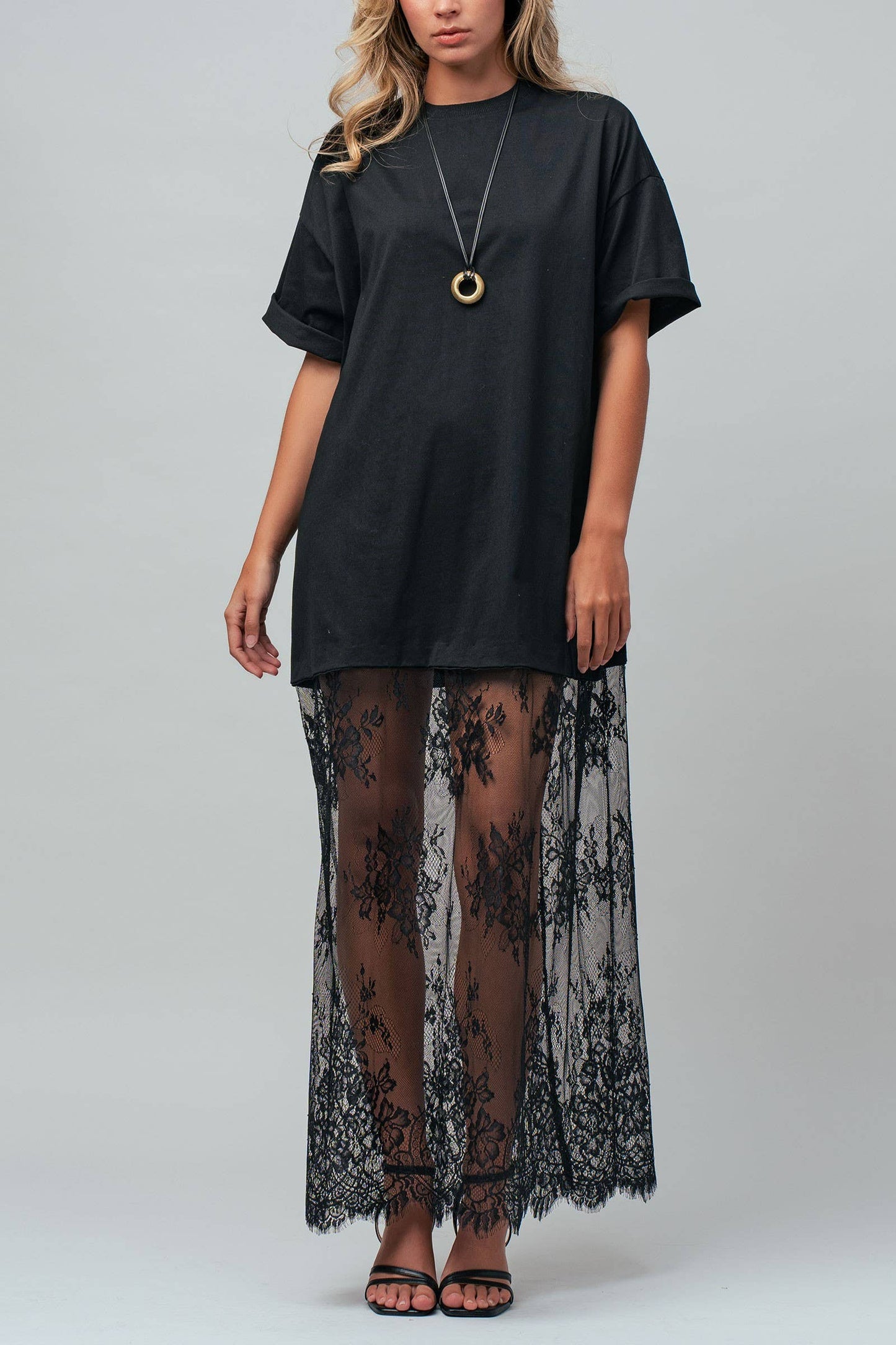 Mixed-Media T-Shirt Dress with Sheer Lace Skirt: Black