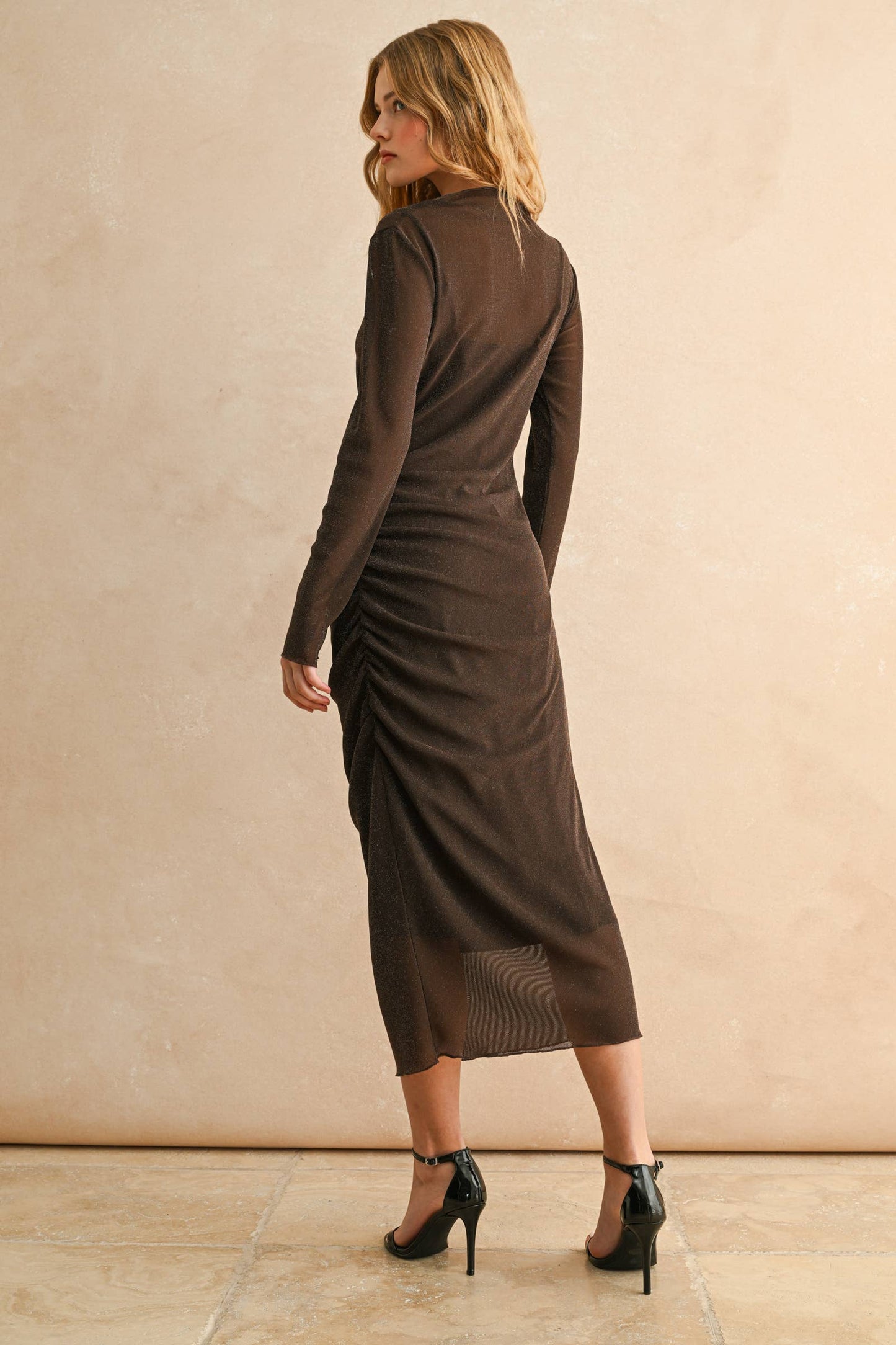 MESH DRAPED DRESS: ESPRESSO