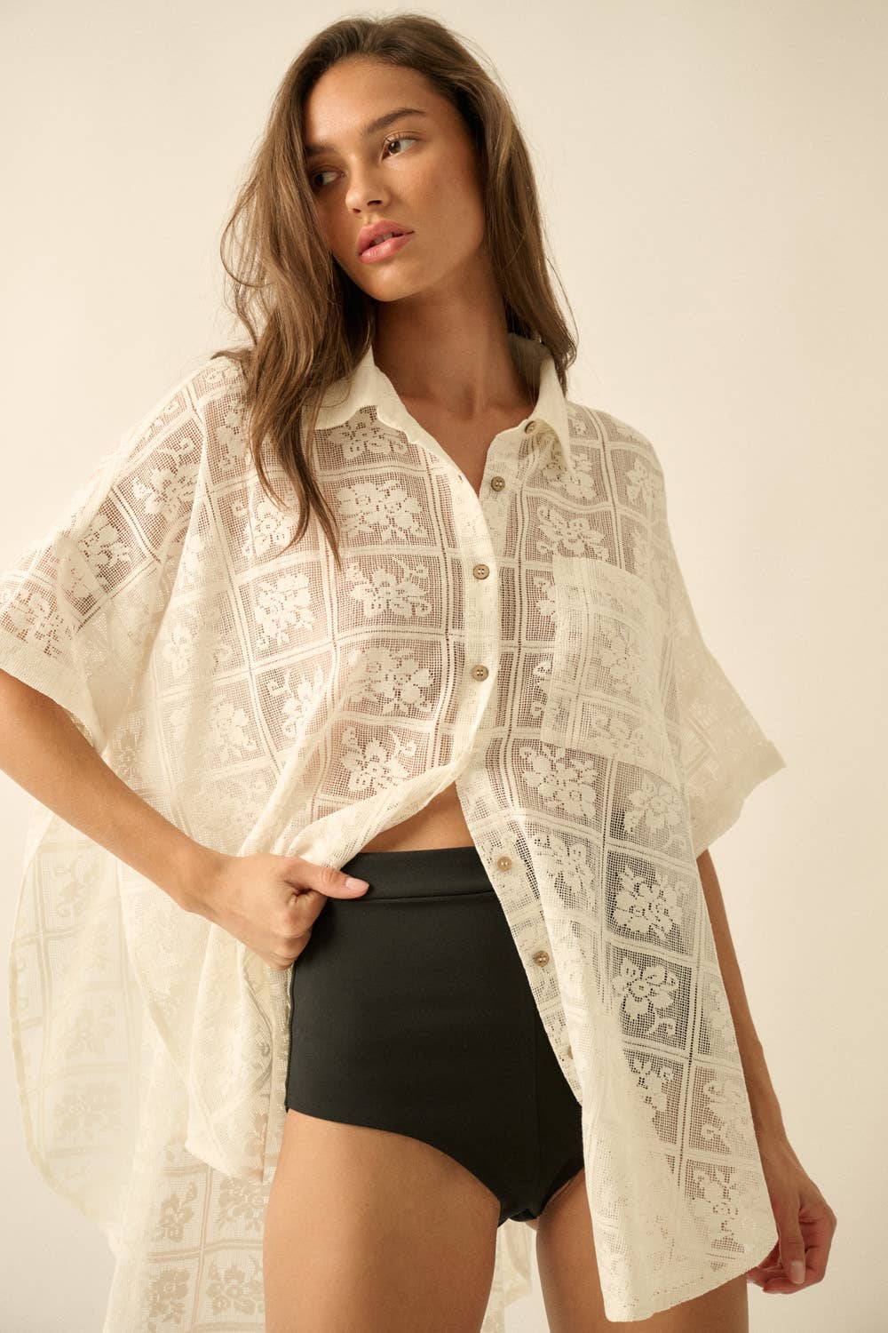 Sheer Floral Lace Oversized Button-Up: Cream