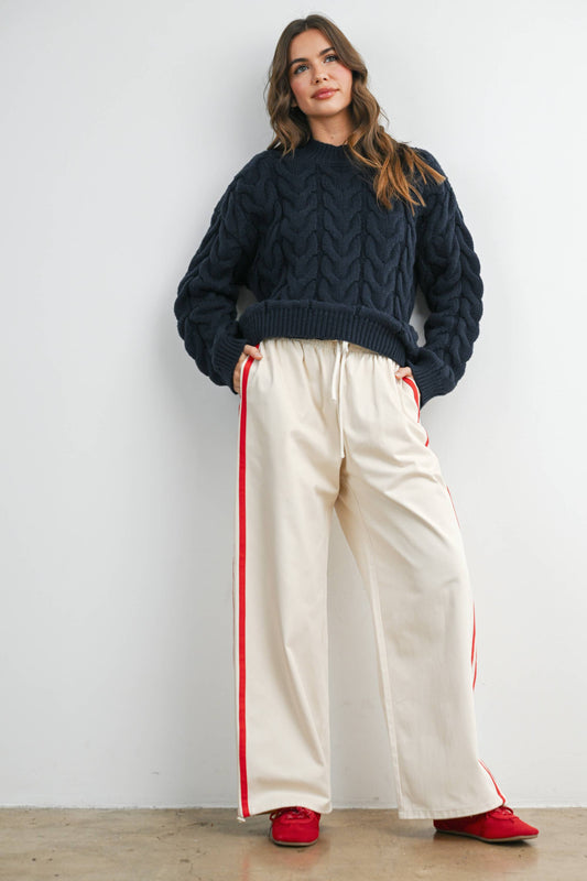Striped Wide-Leg Drawstring Track Pants: IVORY / RED