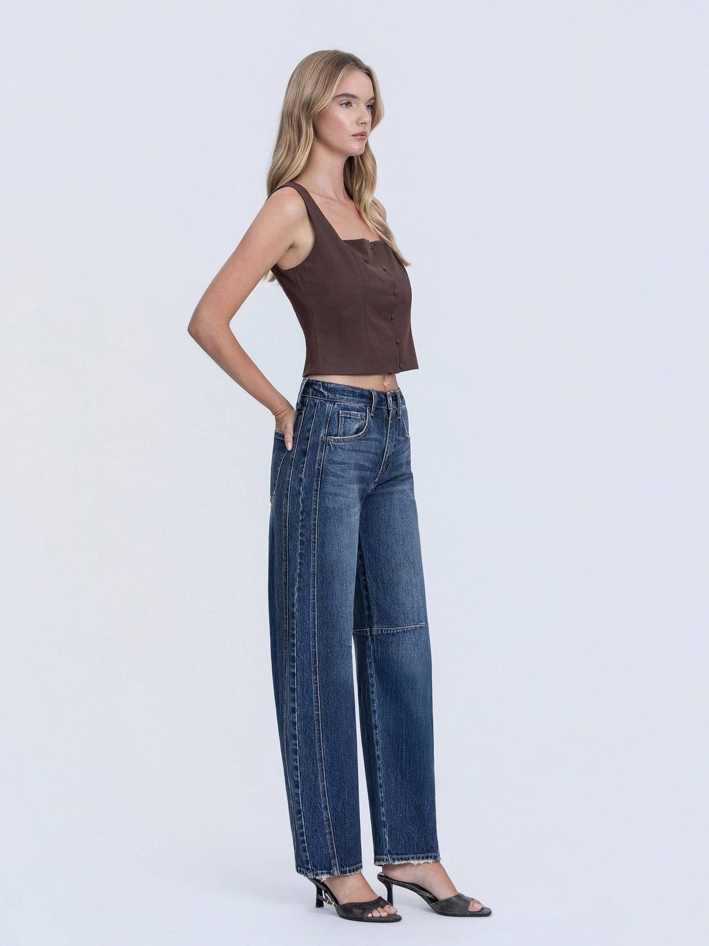 HIGH RISE DARK WASH FULL LENGTH BARREL JEANS