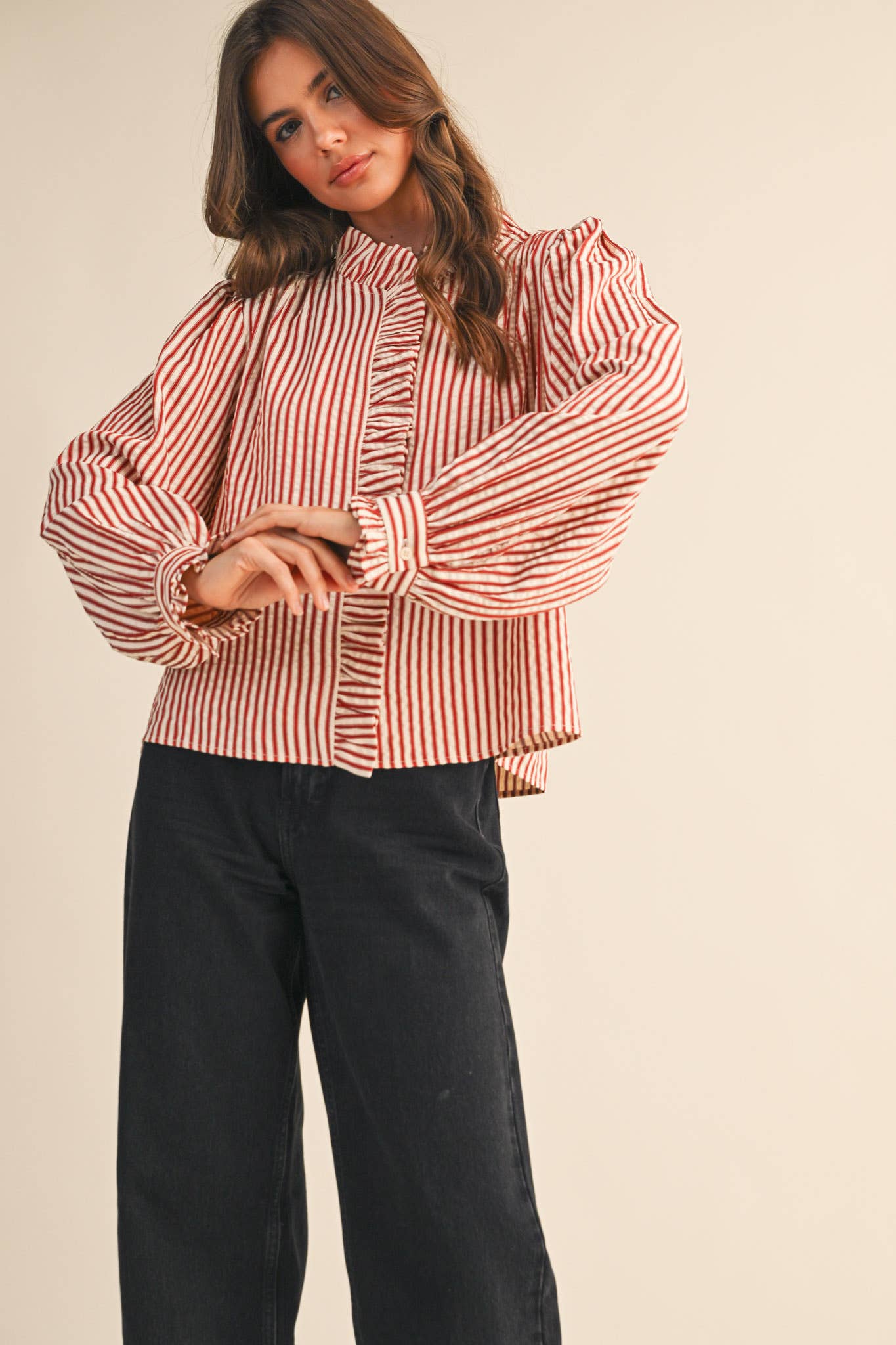 STRIPED RUFFLED BUTTON DOWN: Red Stripe