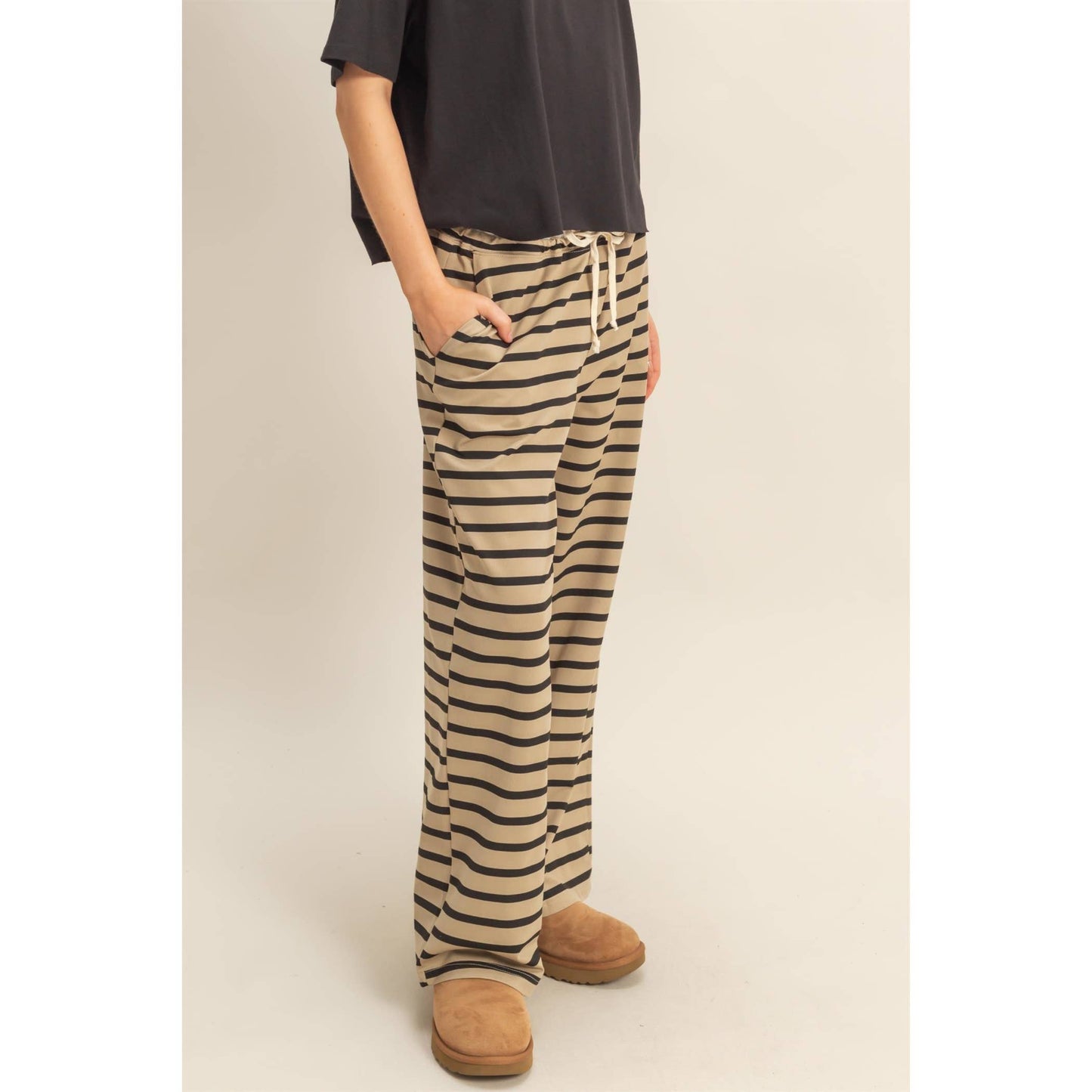 Striped Knit Drawstring Lounge Pants: TAUPE/ BLACK