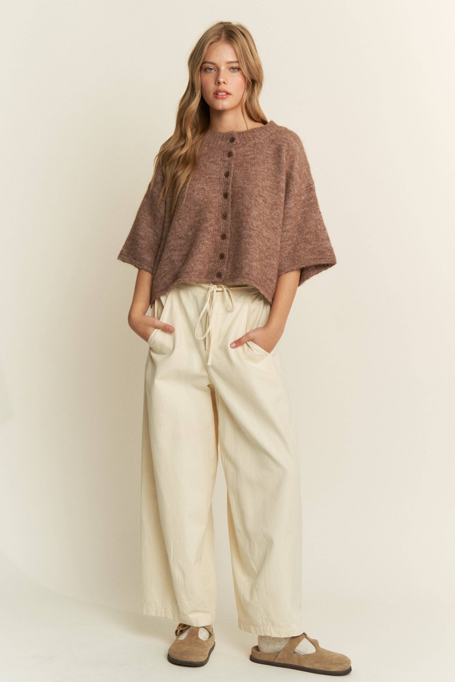 Quarter-Sleeve Knit Cardigans: Mocha