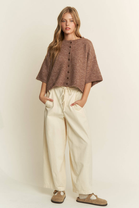 Quarter-Sleeve Knit Cardigans: Mocha