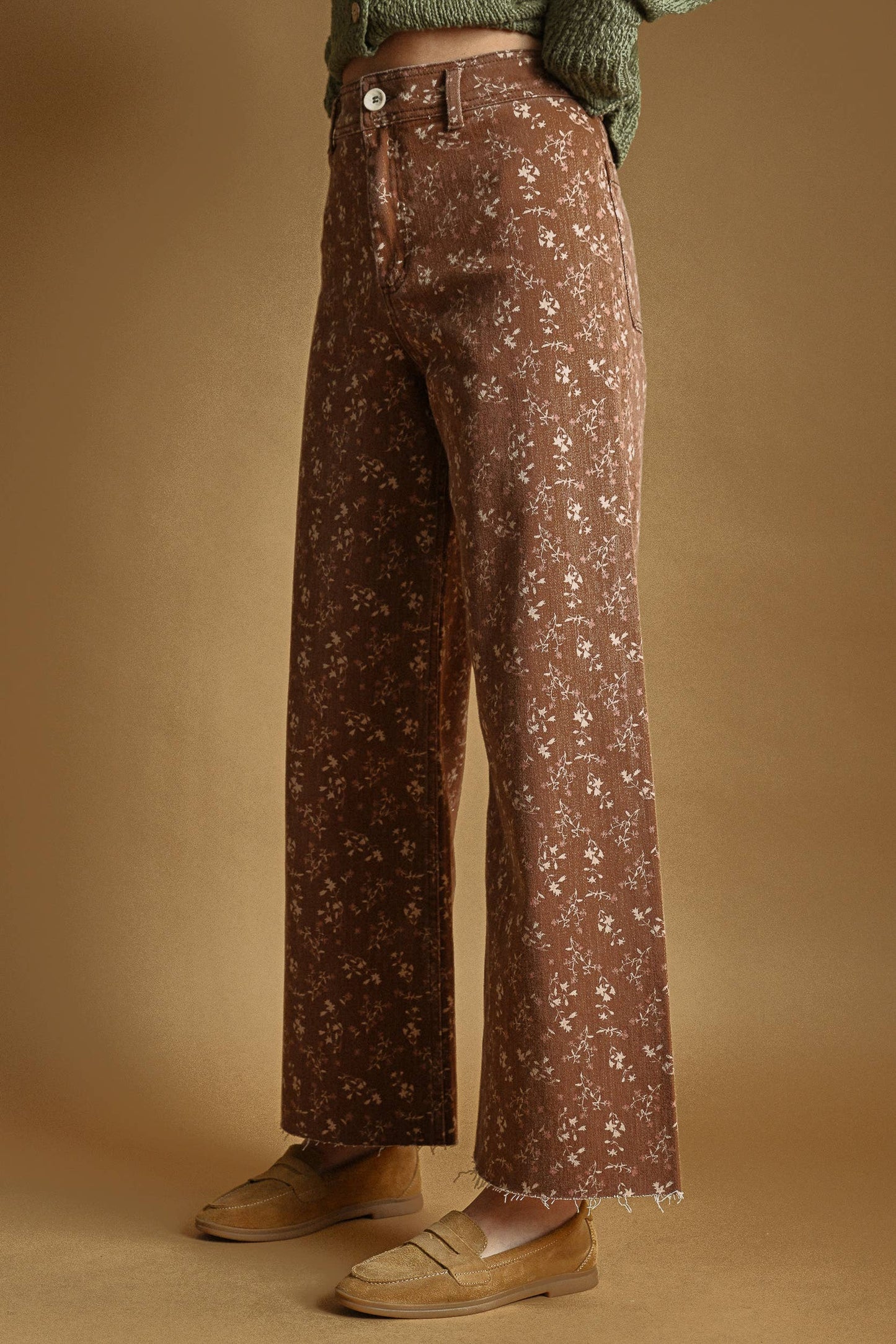 FLORAL PRINT STRETCHED PANTS: EARTHY RUST
