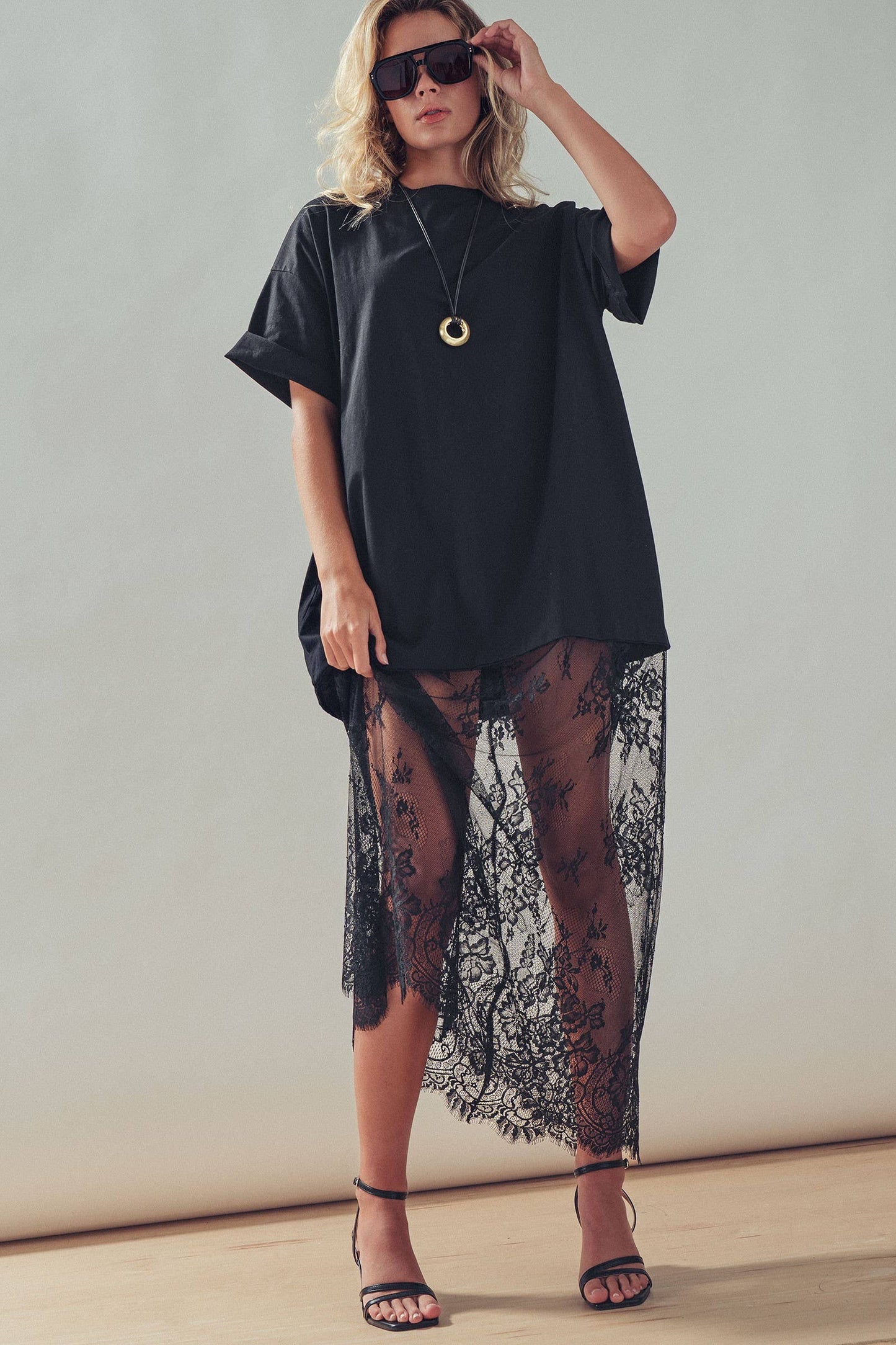 Mixed-Media T-Shirt Dress with Sheer Lace Skirt: Black
