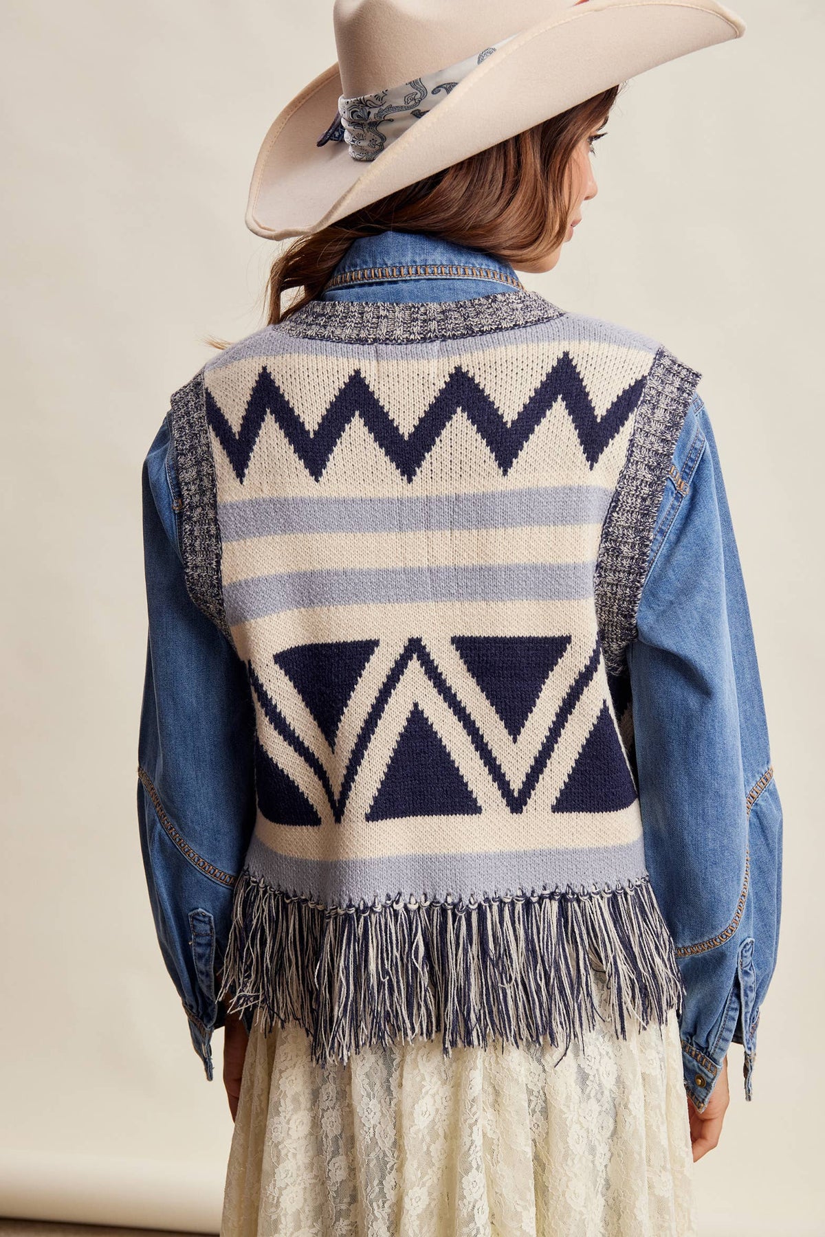 Western Fringe Knit Sweater Vest: Navy