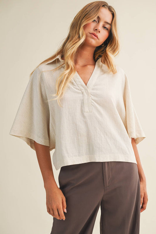 Textured Drape Sleeve Collared Blouse: LINEN CREAM