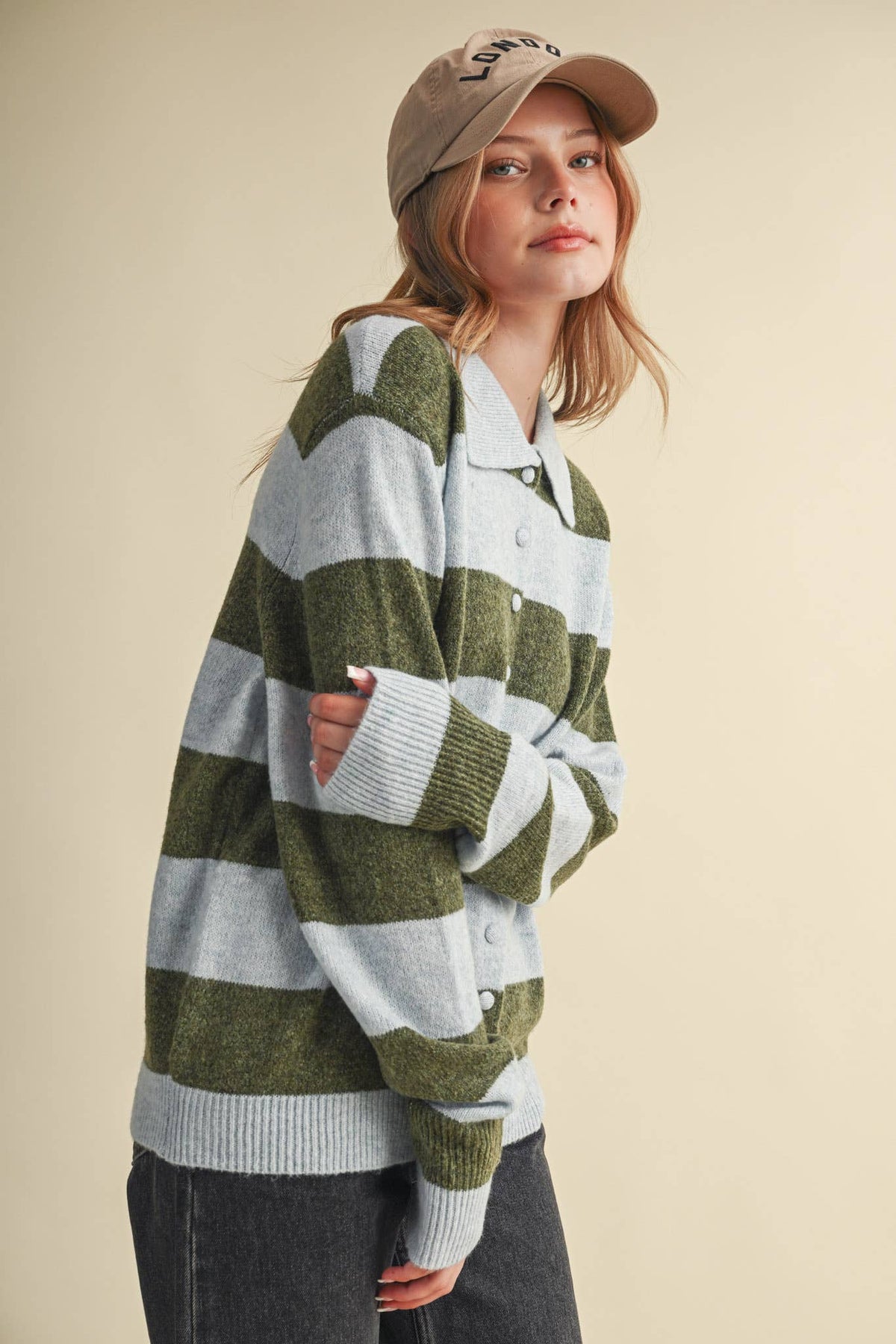STRIPED SWEATER CARDIGAN: POWDER BLUE OLIVE