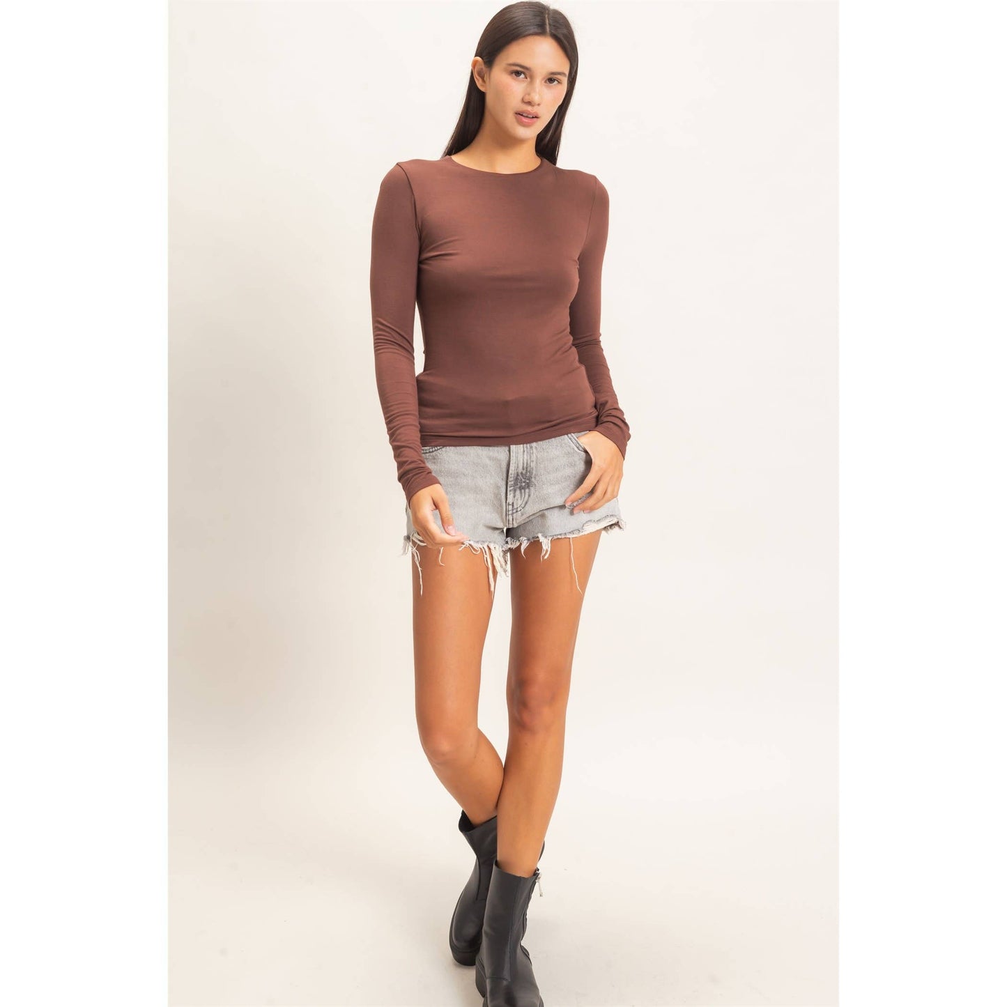 Crew Neck Long Sleeve Top: DARK BROWN