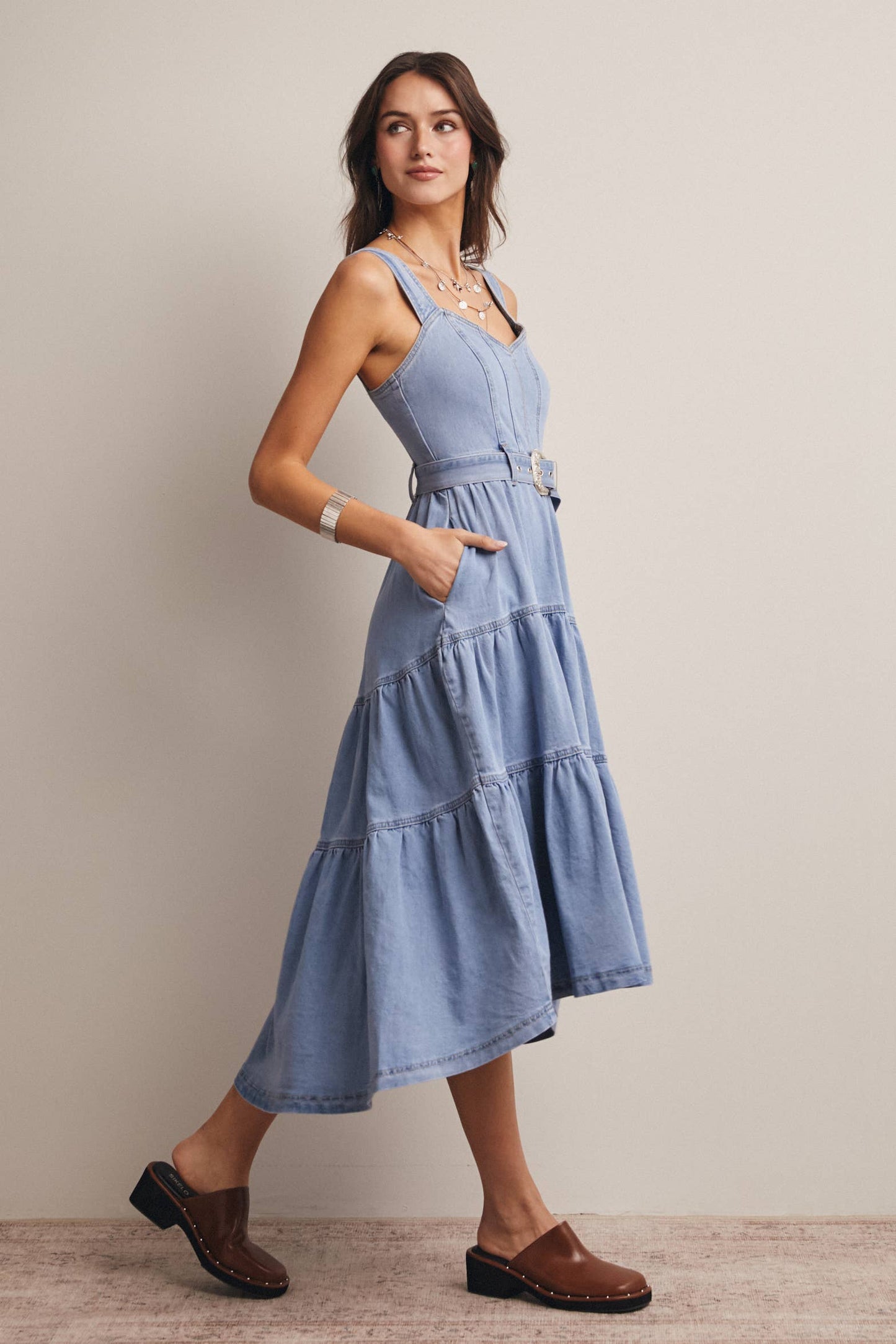 Tiered Denim Maxi Dress: Cloud Wash