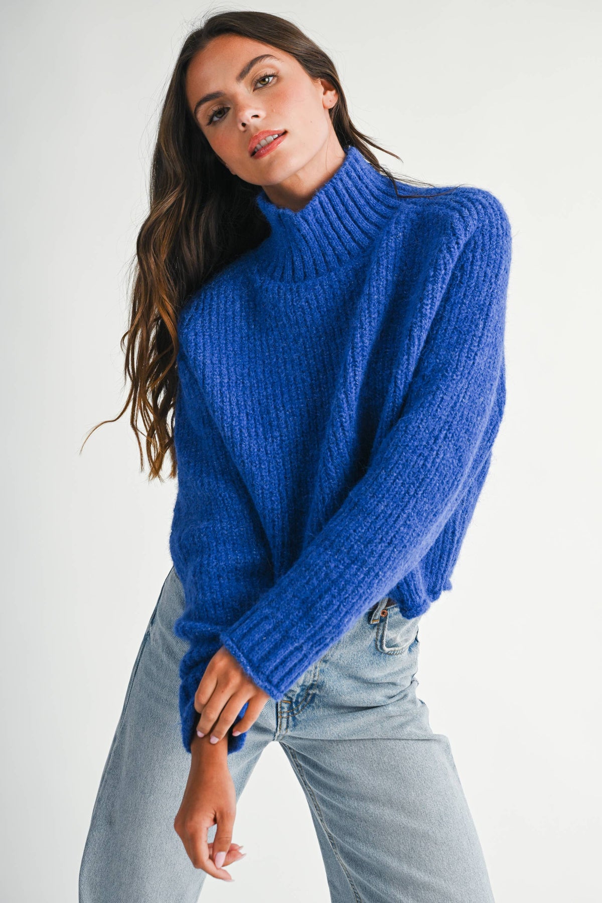 Soft Brushed Mock Neck Sweater: Cobalt