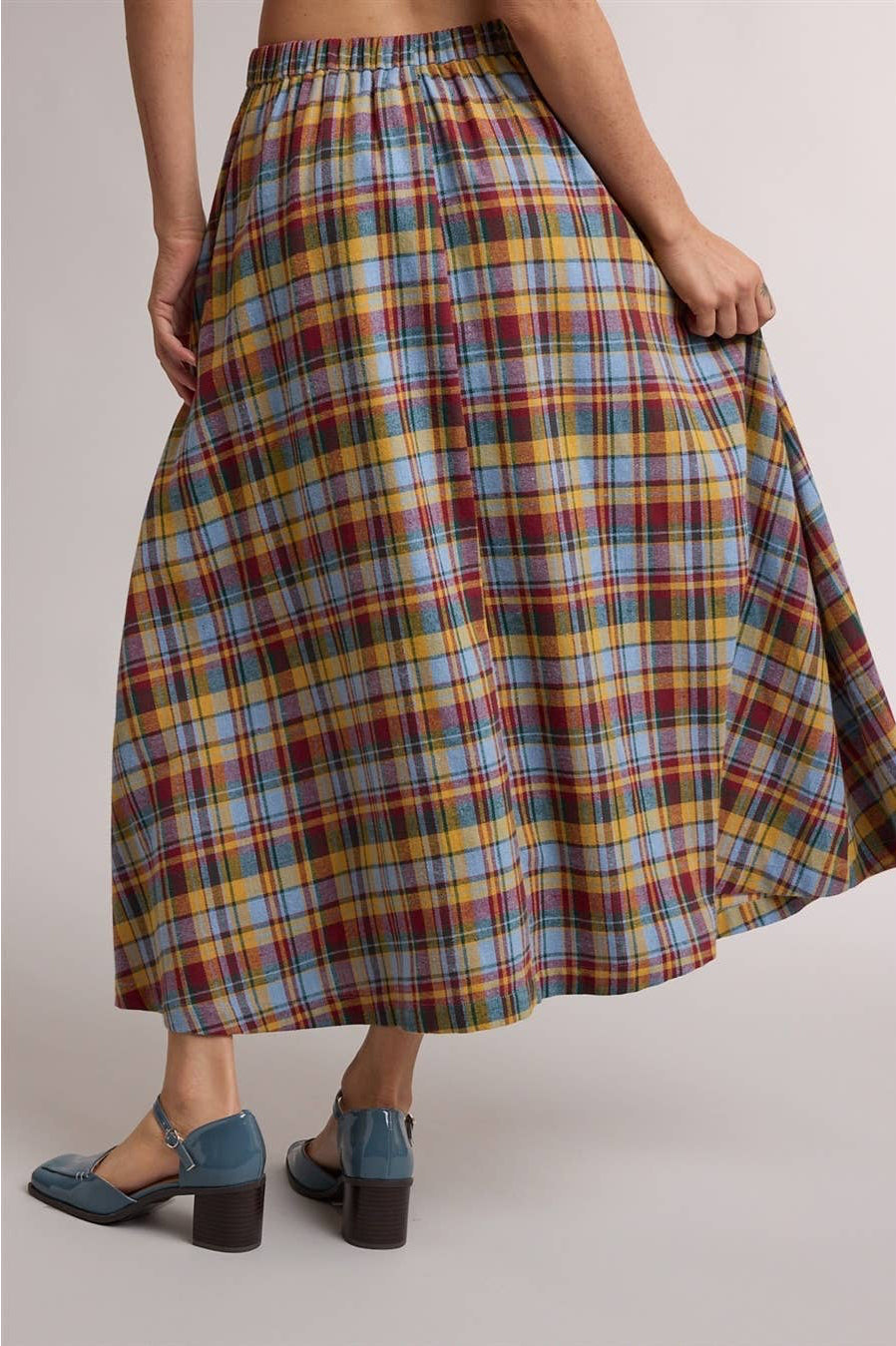 PLAID A-LINE MIDI SKIRT: RED/SKY MULTI