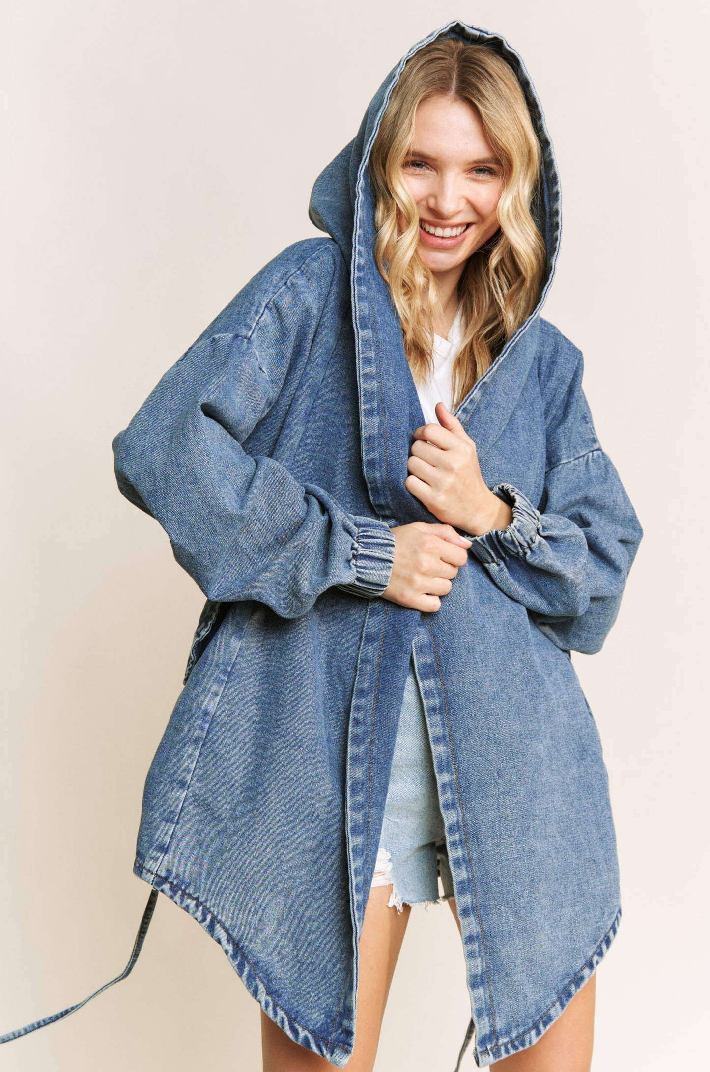 VINTAGE DENIM WASHED HOODED COAT SHACKET: Medium Denim