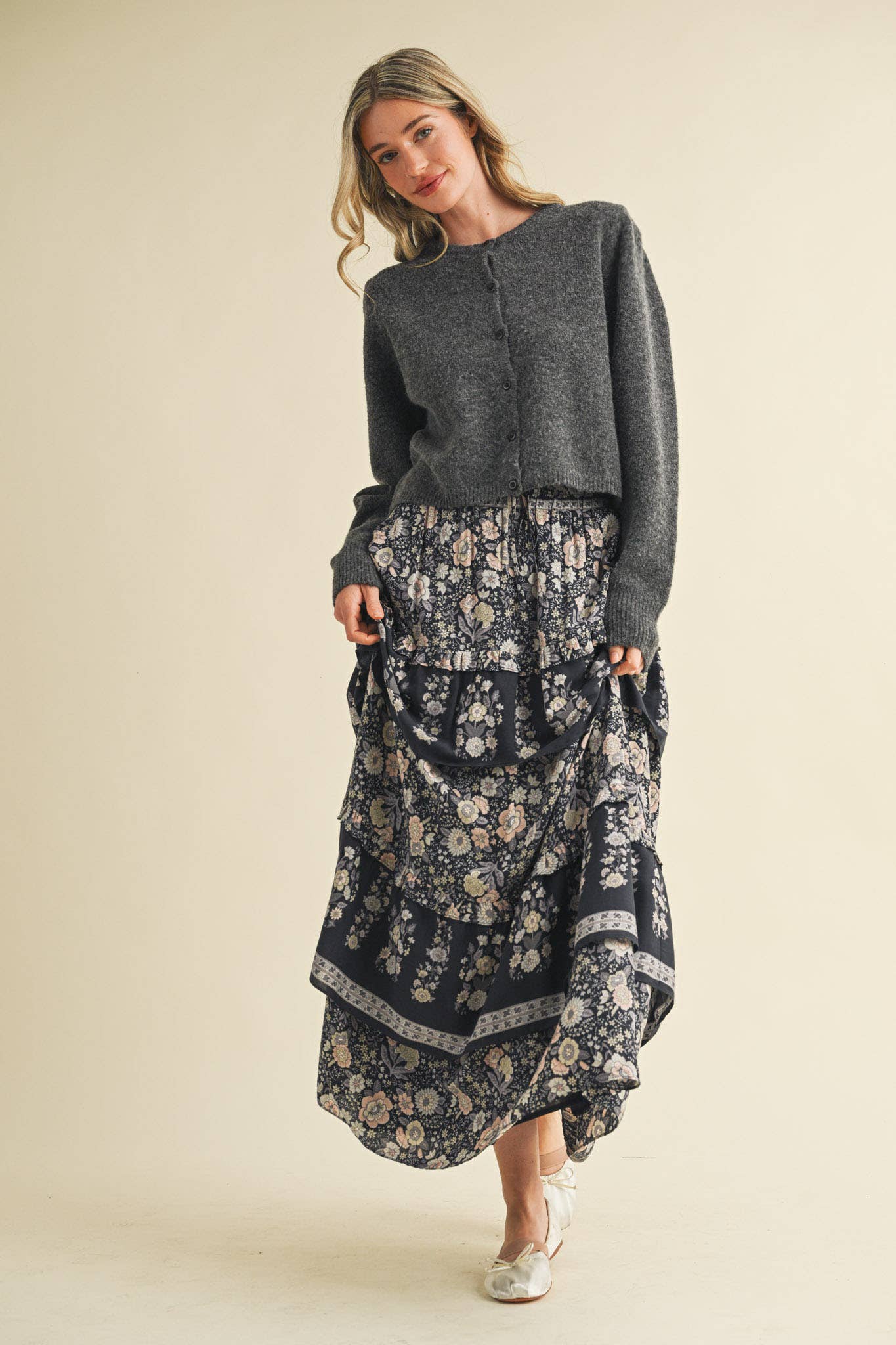 HEAVY PUFF SLEEVE SWEATER CARDIGAN: CHARCOAL