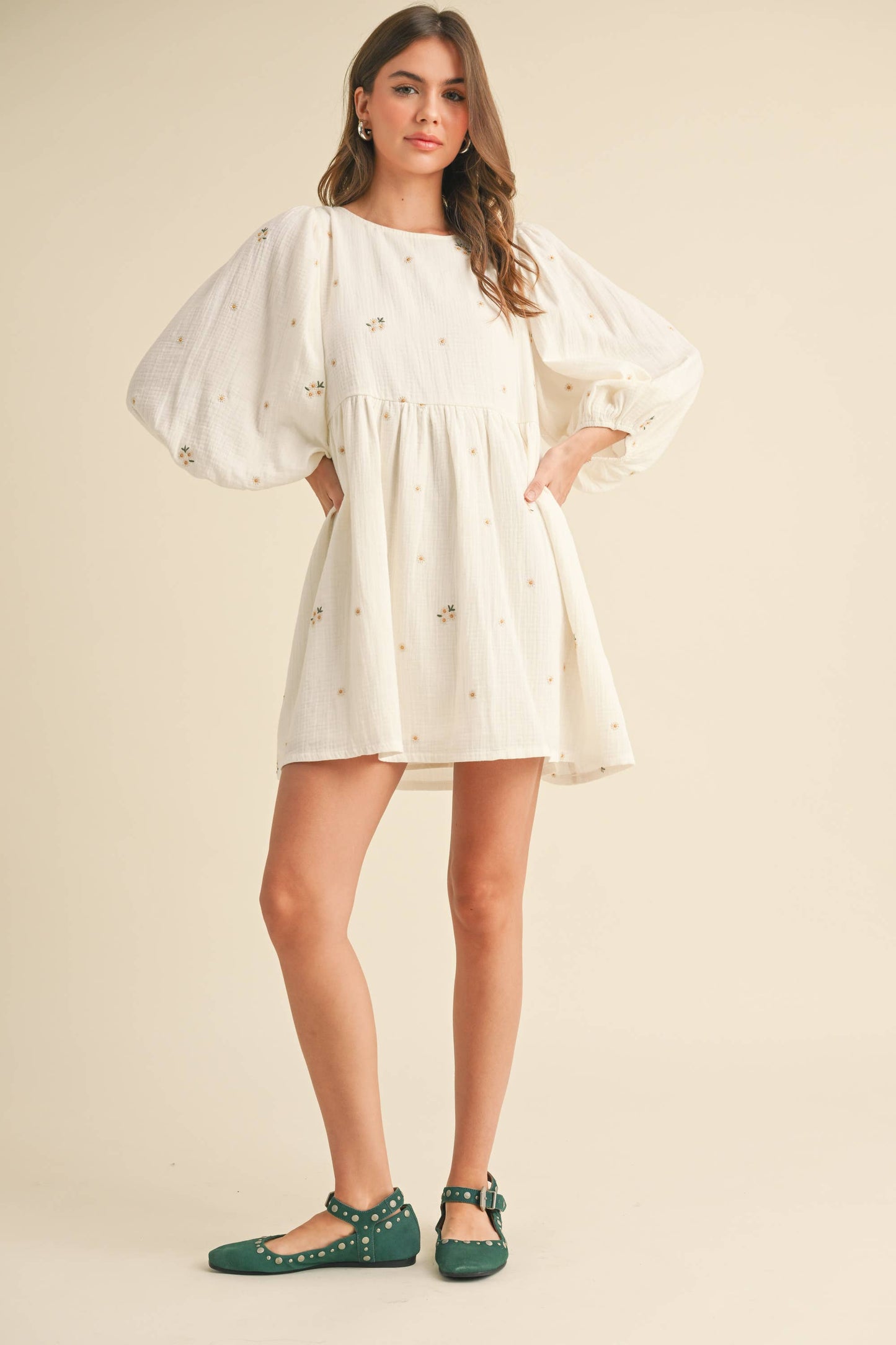 FLORAL GAUZE PUFF SLEEVE BABYDOLL MINI DREES