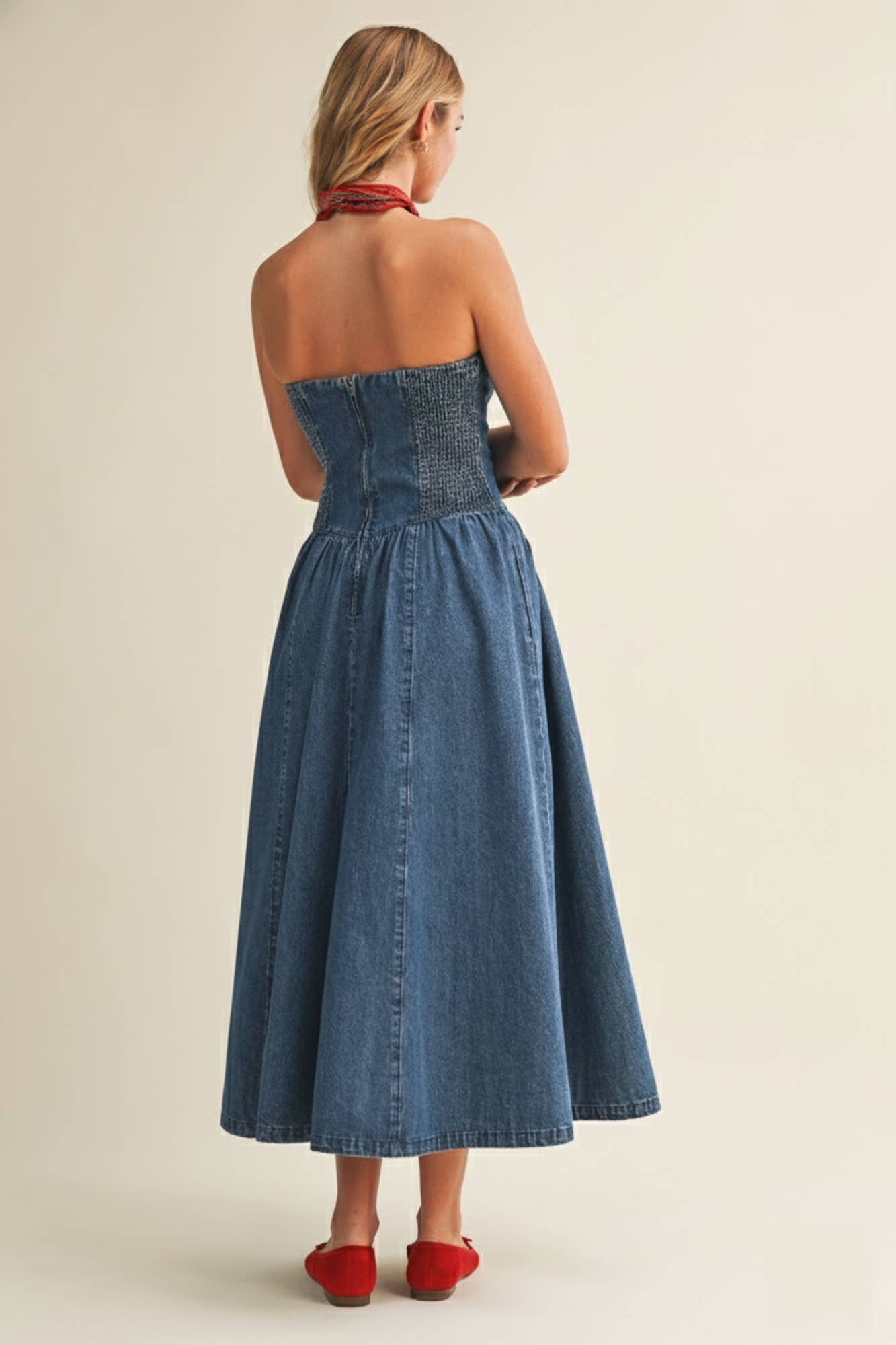 Seamed Bustier Full Skirt Denim Dress: WASHED DENIM