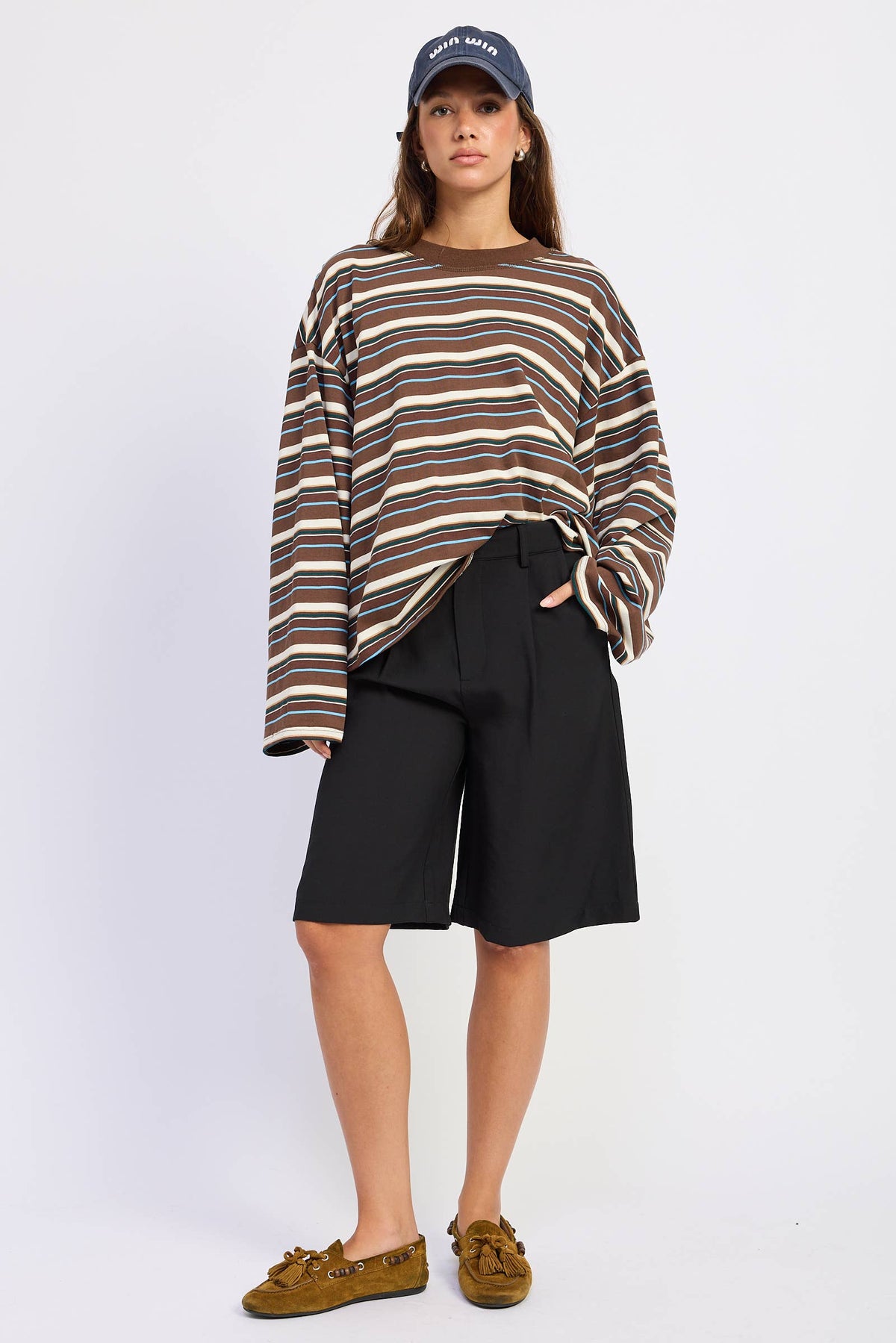 LONG SLEEVE STRIPED TOP: BROWN BLUE STRIPE
