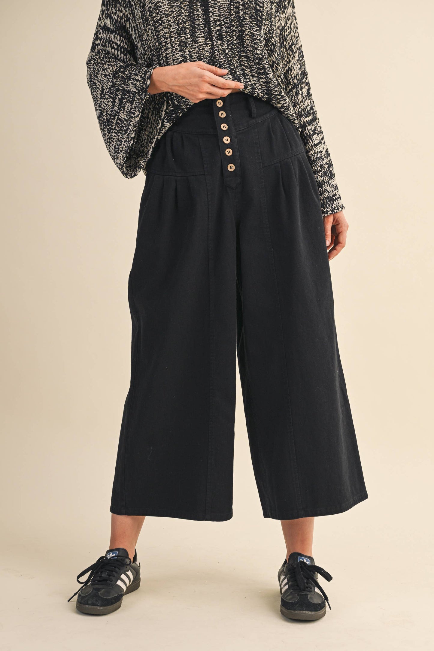 COTTON TWILL HIGH WAIST CROPPED WIDE LEG PANTS: Black