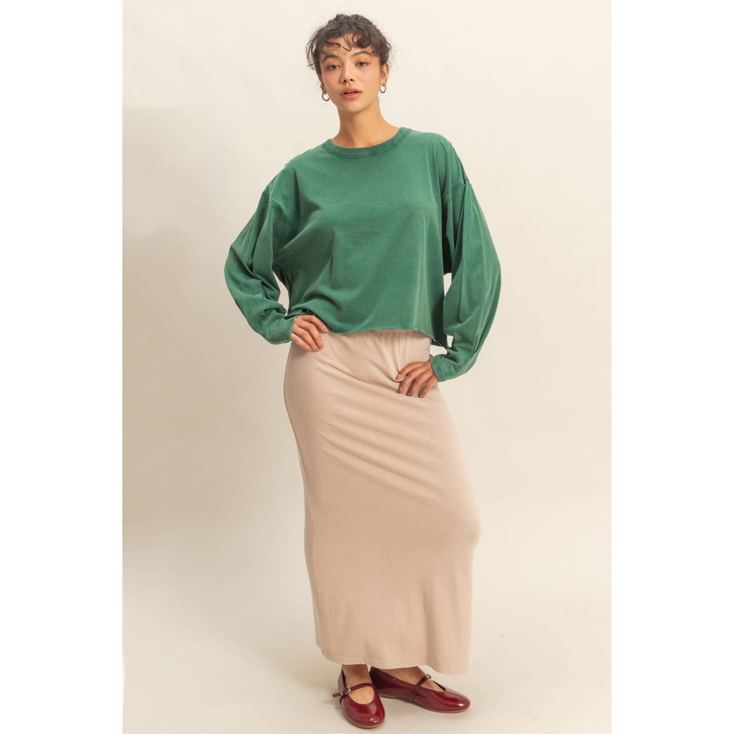 Washed Oversized Long Sleeve Top: BLACK