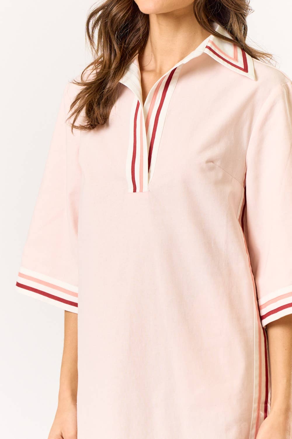 Striped Collared Oversize Mini Dress With Pockets: LT PINK