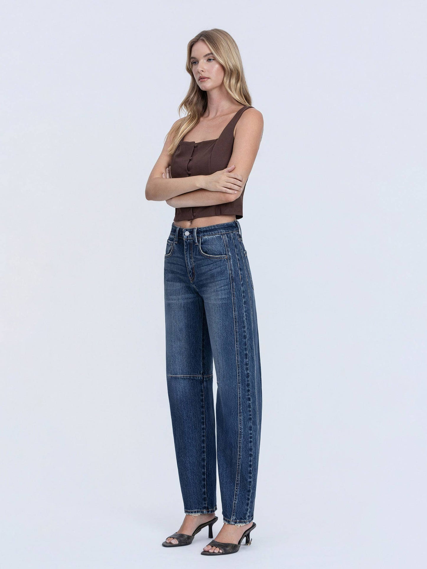 HIGH RISE DARK WASH FULL LENGTH BARREL JEANS