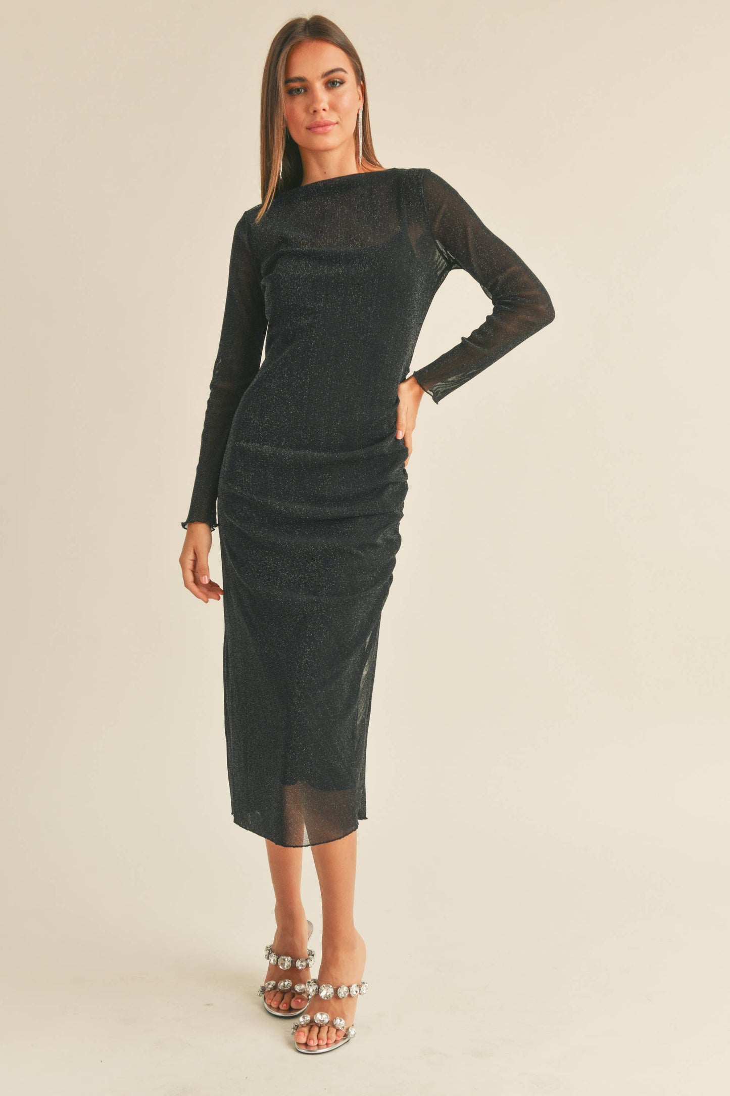 MESH DRAPED DRESS: ESPRESSO