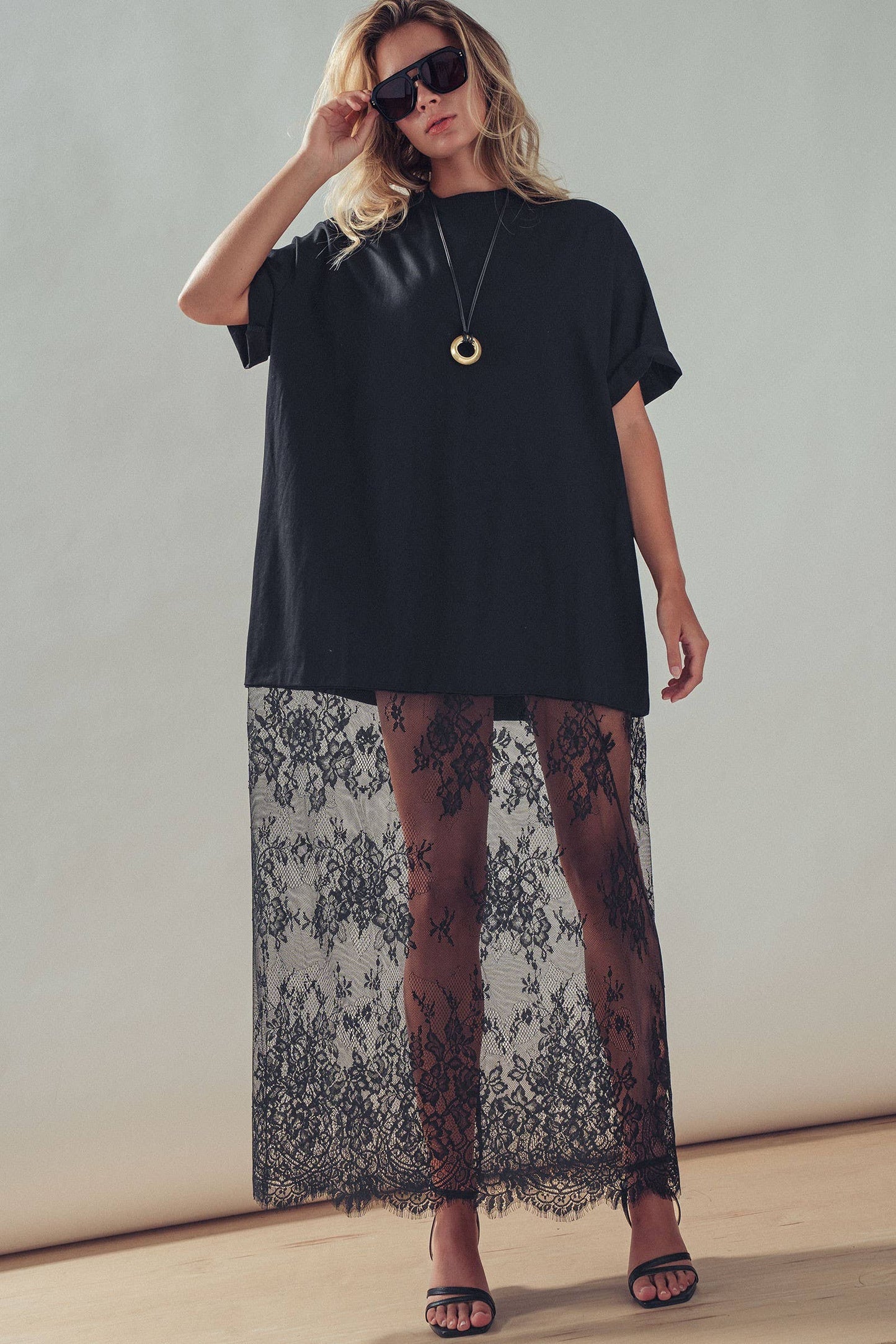 Mixed-Media T-Shirt Dress with Sheer Lace Skirt: Black
