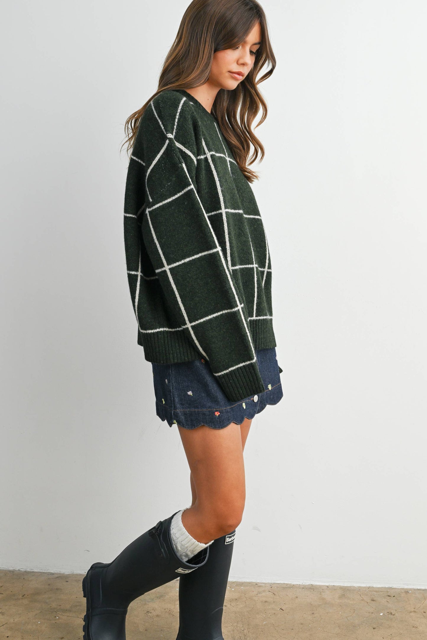 Checkered Crew Neck Knit Sweater : OLIVE MULTI