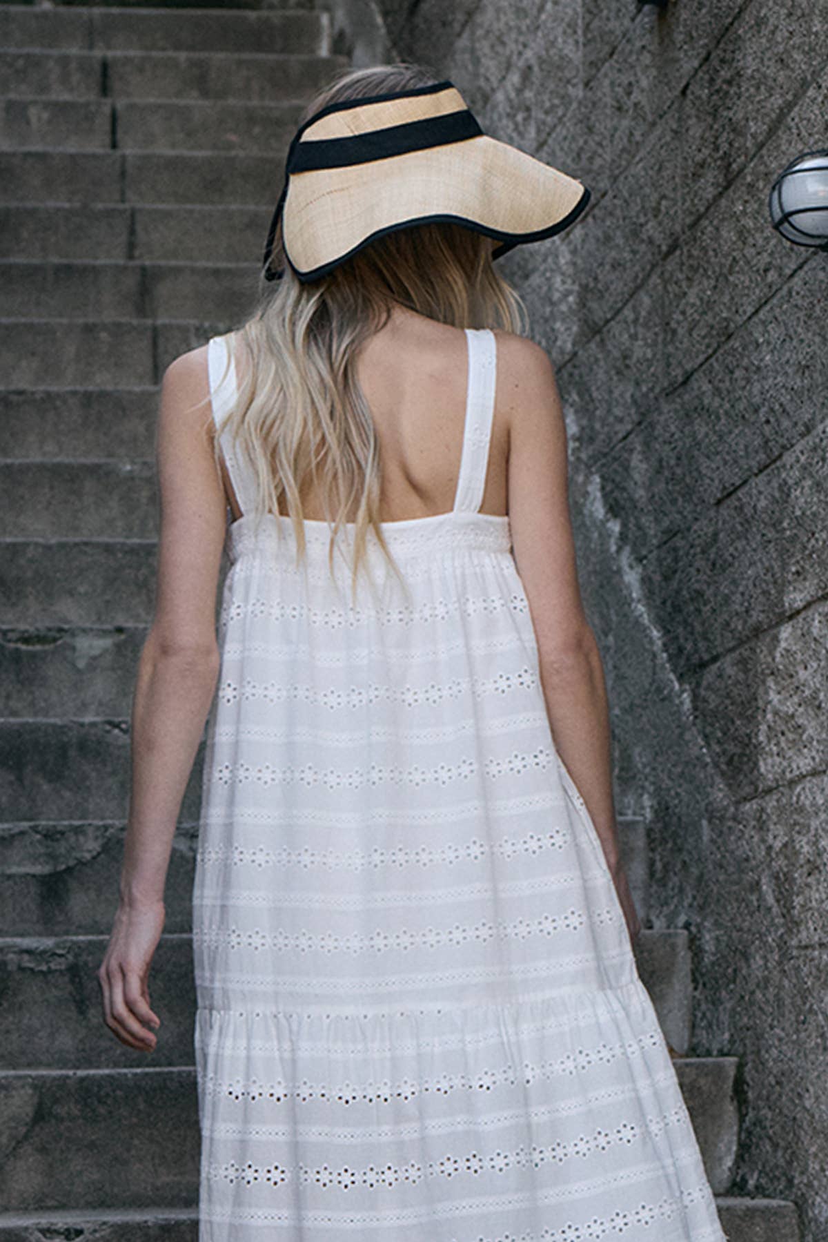 Eyelet Tiered Button Front Maxi Dress: WHITE