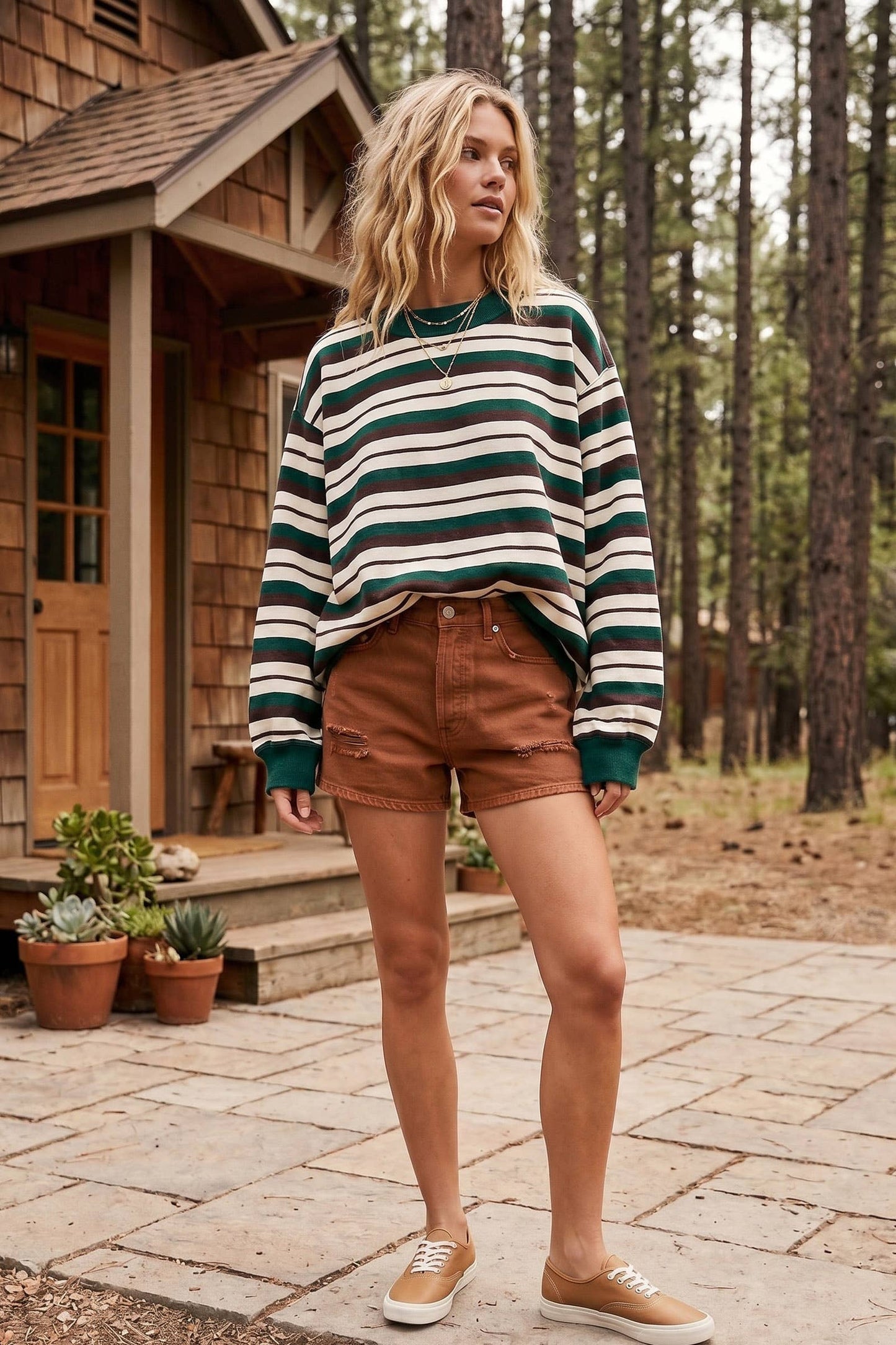 Oversized French Terry Striped Sweatshirt: GREEN/BROWN/CREAM