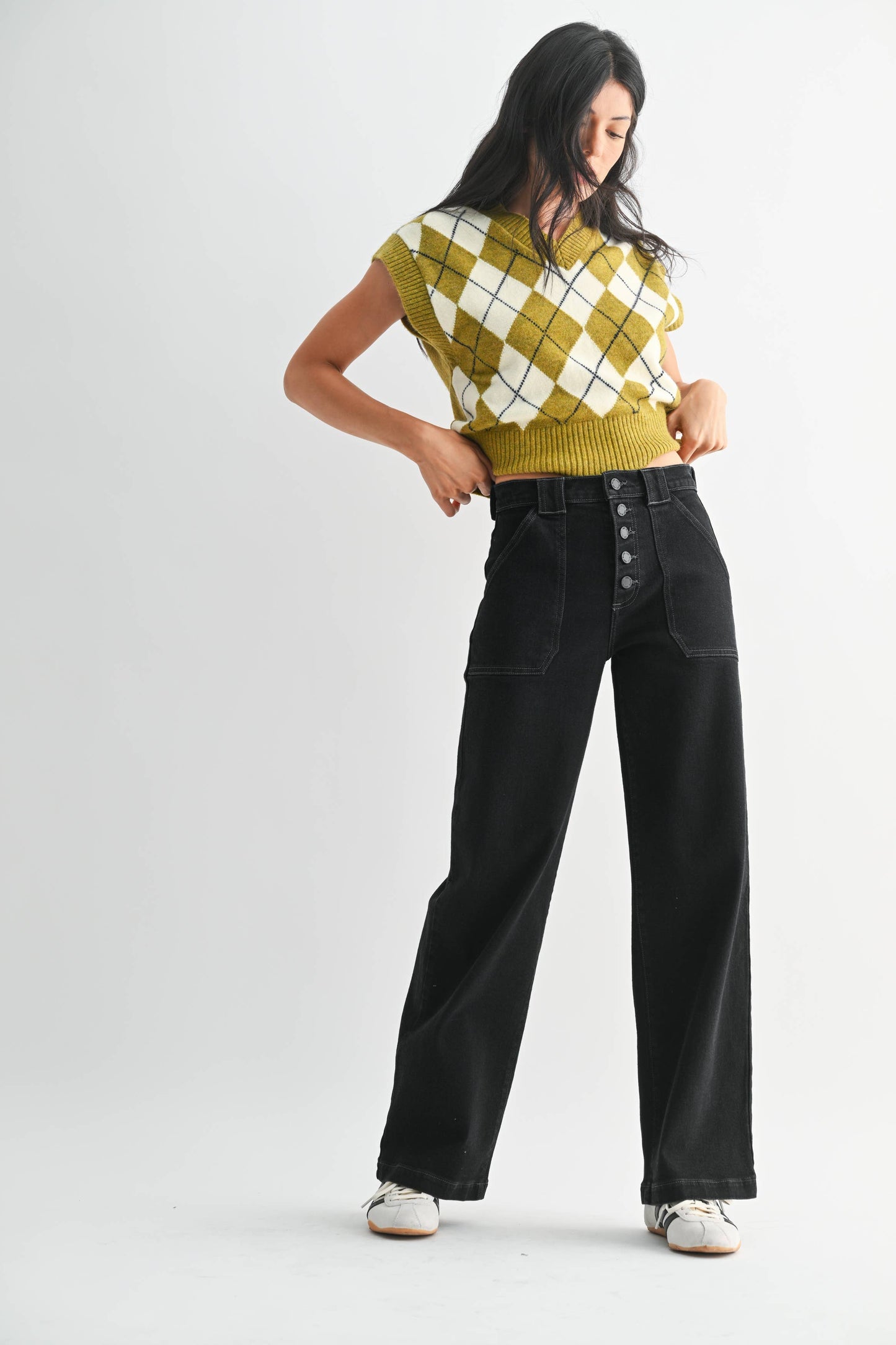Button Down Slim Wide Leg: Black
