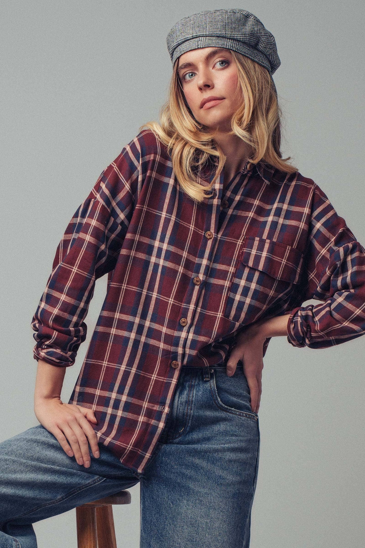 Classic Plaid Cotton Flannel Boyfriend Shirt: BURGUNDY MULTI